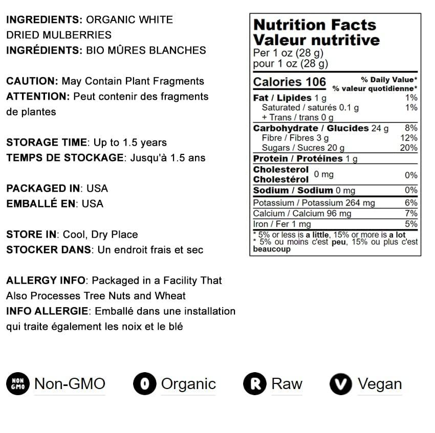 Food to Live Food to Live Organic Dried White Mulberries, 1 Pound - Non-GMO, Unsulfured, Bulk