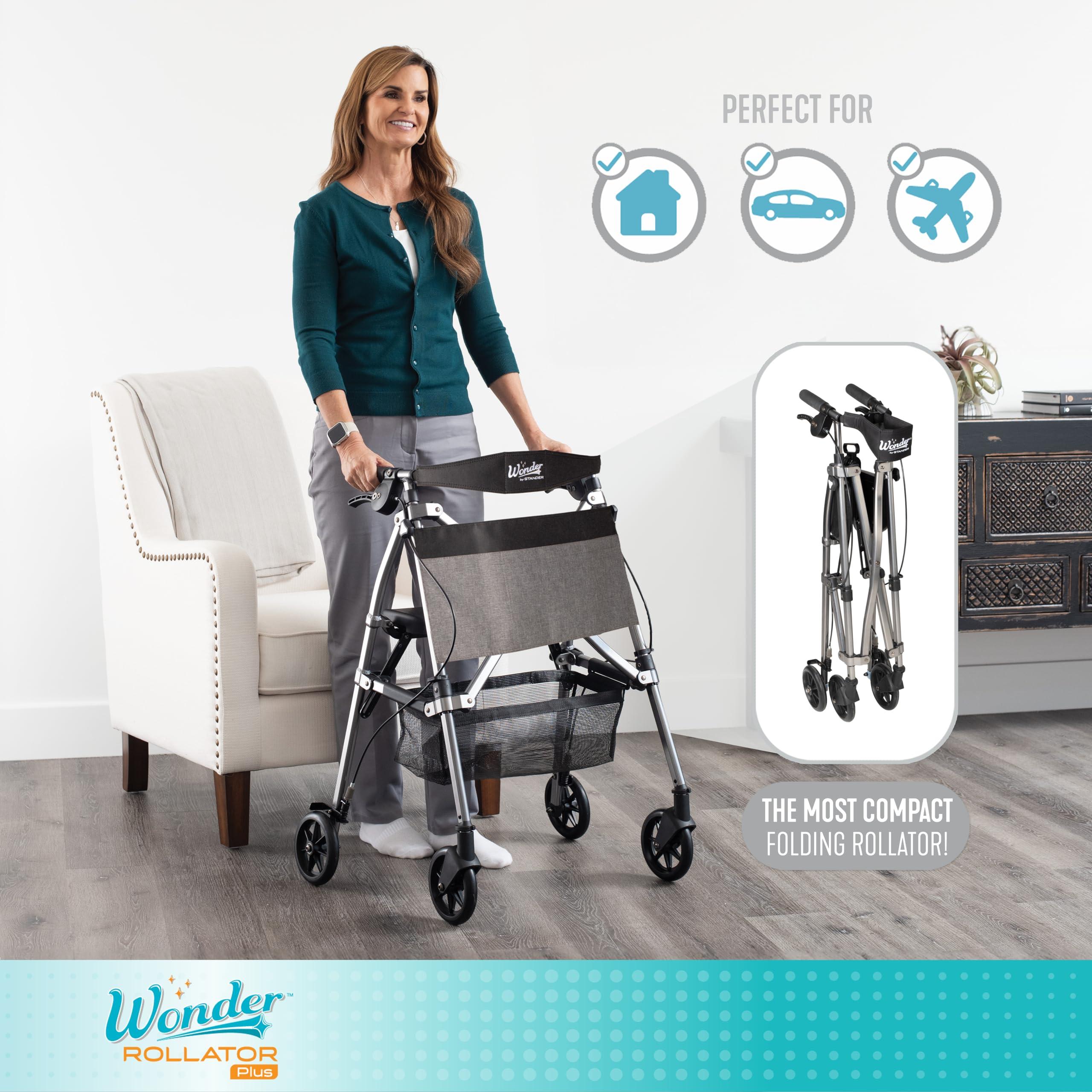 Stander Stander Wonder Rollator Plus, Lightweight Folding Mobility Rolling-Walker, EZ Fold-N-Go-Rollator for Seniors and Adults, 6-inch Wheels, Locking Brakes and Padded Seat with Backrest, Vivid White