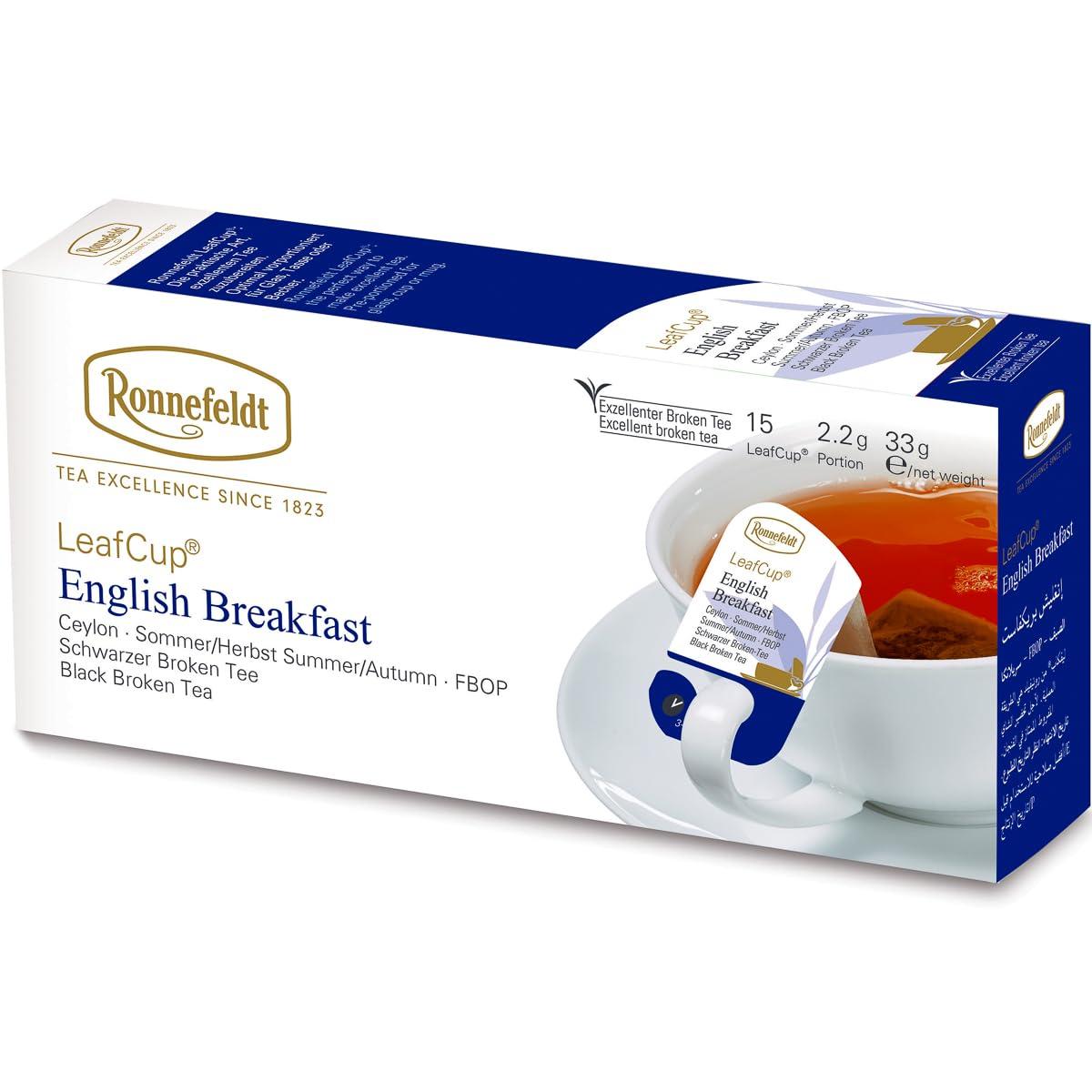 Ronnefeldt Ronnefeldt LeafCup English Breakfast - Black Tea Ceylon Summer Bags Tea Loose Leaf, 15 Individually Wrapped Tea Bags with Cardboard Tag to Hook on Cup - Strong, Smooth, Caffeinated - Hot or Iced
