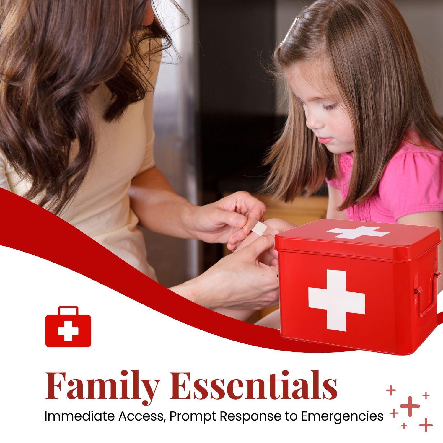 Flexzion Flexzion First Aid Box Organizer, Empty 8.5 Inch Red Vintage First Aid Kit Tin Metal Medical Box First Aid Storage Box Container Bins with Dividers, Removable Tray and Cross Logo