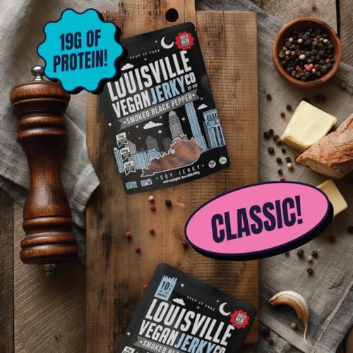 Louisville Vegan Jerky Louisville Vegan Jerky - Smoked Black Pepper Vegan and Vegetarian Meat, 19 Grams of Non-GMO Soy Protein, 310 Calories per Bag, Gluten-Free High Protein Vegan Snacks - 3 oz, 10 Pack
