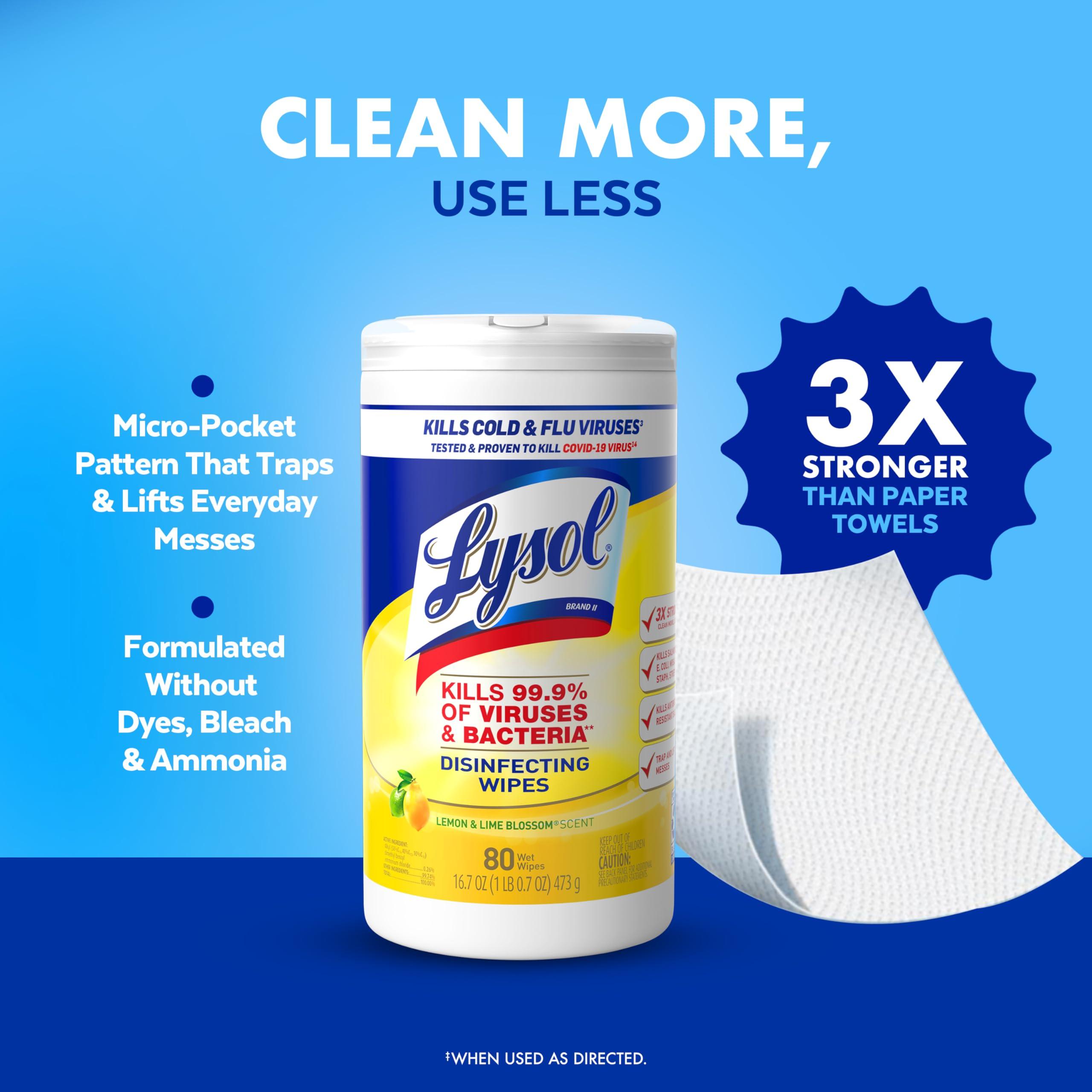 Lysol Lysol Disinfectant Wipes, Multi-Surface Antibacterial Cleaning Wipes, For Disinfecting and Cleaning, Lemon and Lime Blossom, Pack of 4 (Packaging may vary)