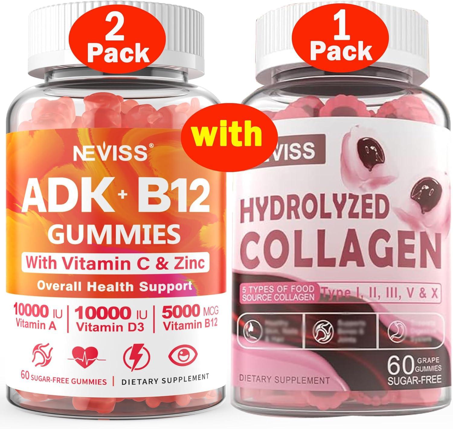NEVISS NEVISS 2Pack Vitamin ADK with B12 Gummies+1Pack Hydrolyzed Collagen Gummies