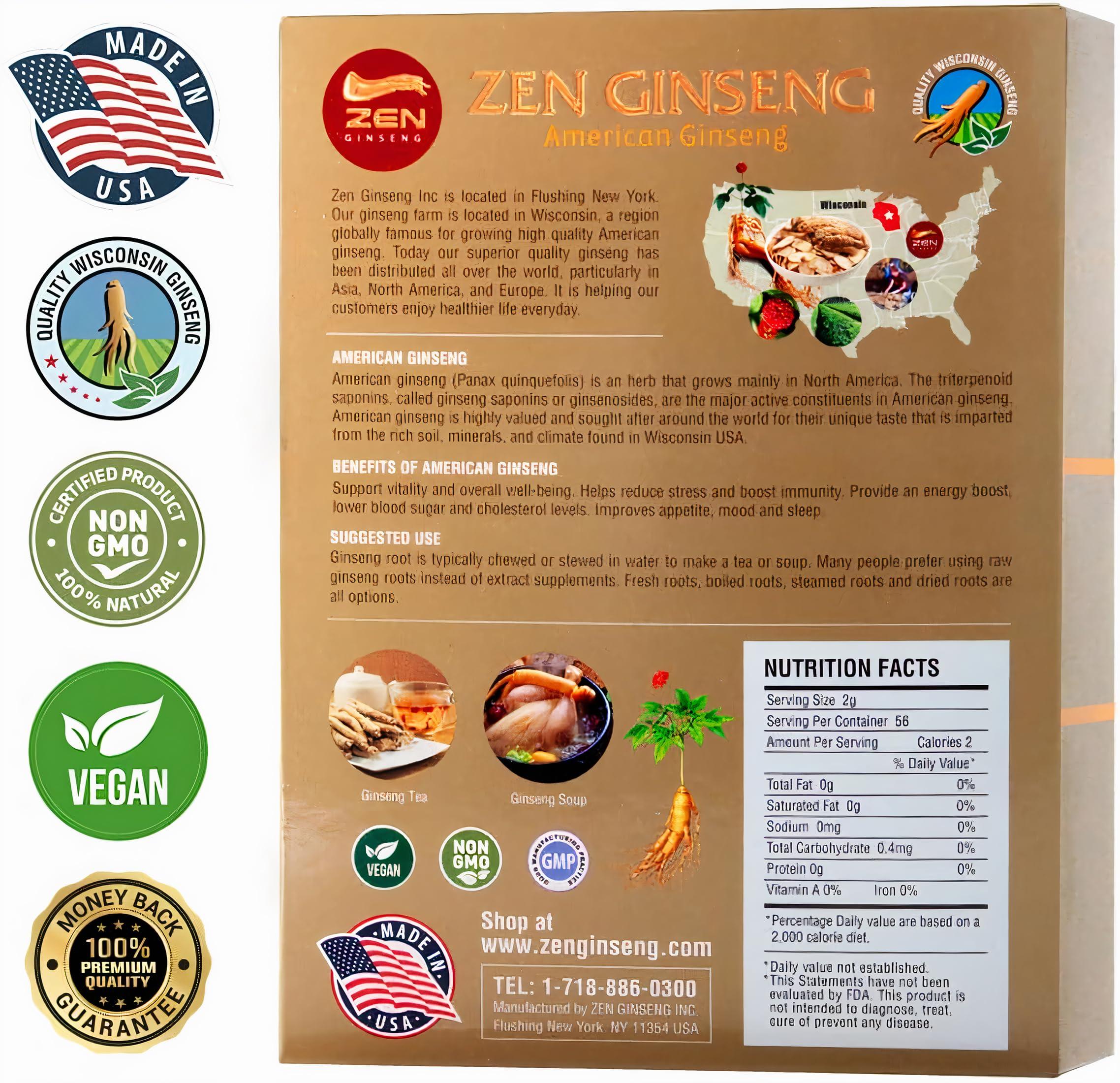 Zen Ginseng 1 Box of American Wisconsin Ginseng Small Long Root - Premium Quality Panax Ginseng. Boosts Body Immunity, Energy for Men & Women (4oz)