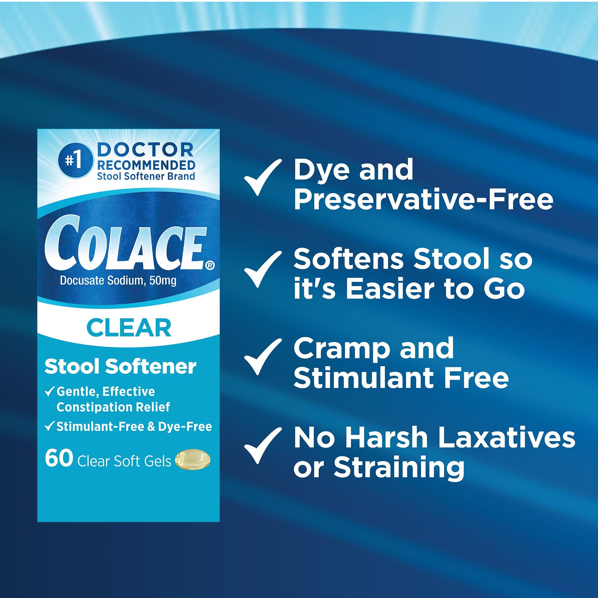 Colace Colace Clear Stool Softener Soft Gel Capsules Constipation Relief 50mg Docusate Sodium Doctor Recommended 60ct