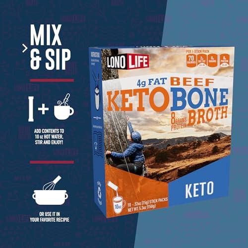 LONOLIFE LonoLife Keto Beef Bone Broth Powder Mix | Grass-Fed, 10g Protein | Collagen-Rich, Keto & Paleo Friendly | Natural Ingredients | 10 Portable Stick Pack Servings