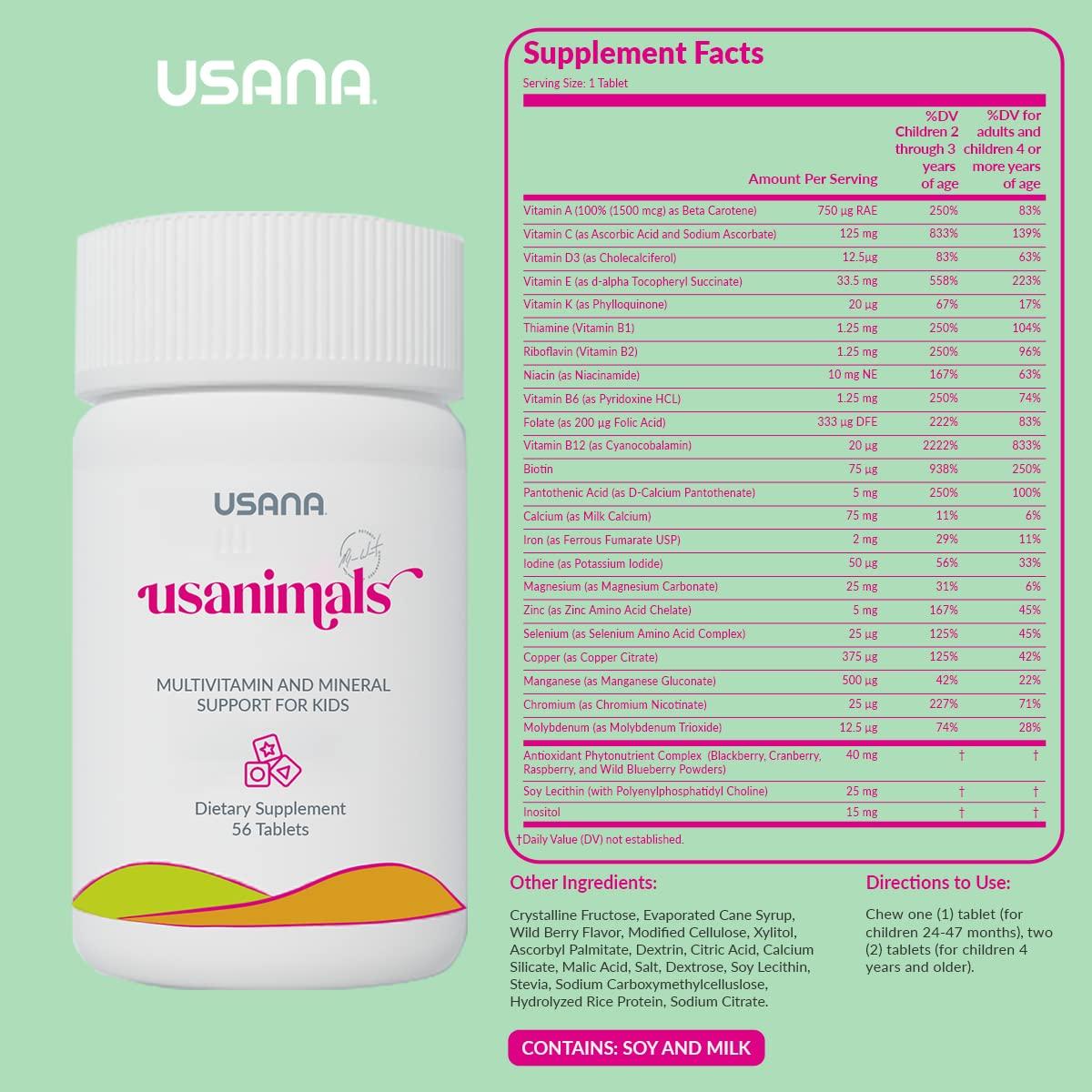USANA USANA Usanimals Multivitamin for Kids - Daily Chewable Tablets with Vitamins A, C, D, E, B6, B12, Zinc, Iron - Supports Immune, Bone & Brain Health - Essential Nutrients for Ages 2-12 - 56 Tablets
