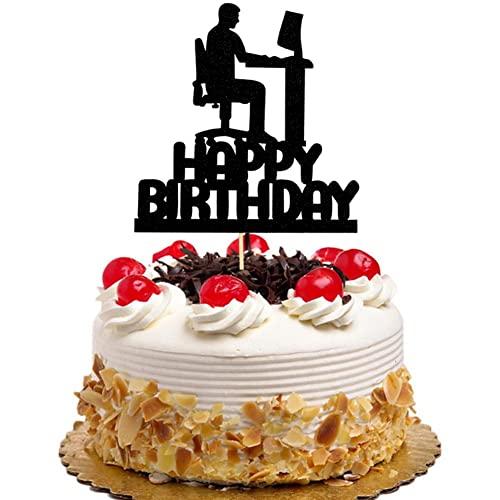 QXQXBA Programming Theme Happy Birthday Cake Topper, Programmer Cake Decor, Computer Tech Cake Decorations, IT Birthday Party Supplies, Black Glitter