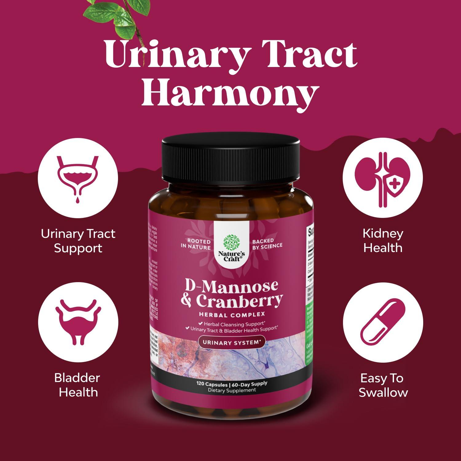 Natures Craft D Mannose with Cranberry Supplement - D Mannose 1000mg Capsules for Kidney Infection Support & Cleanse and Urinary Tract Health for Women & Men - Bladder Health Supplement for Adults - 120 Count