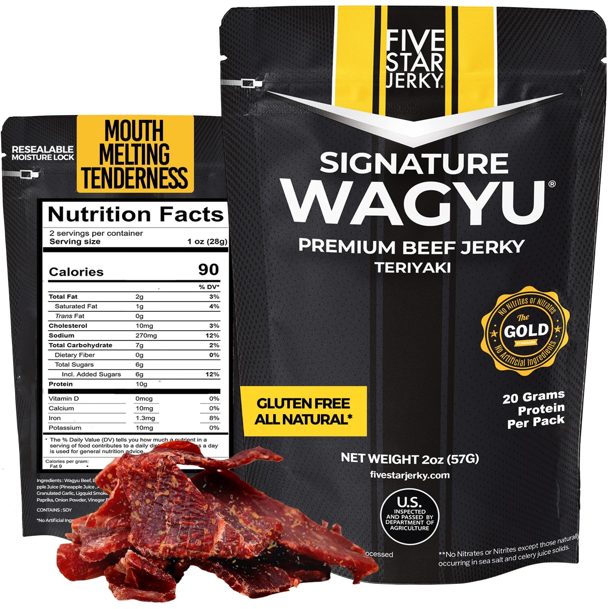 Five Star Jerky Five Star Wagyu Teriyaki Beef Jerky, Soft & Mouth Melting Tender Jerky, Award-Winning Premium Beef Jerky, No Artificial Ingredients, Premium Gift Snack, Nitrate/Nitrite-Free, Gluten-Free, Wagyu Beef Snacks (4 Pack of 2oz-Total 8oz) Gourmet Beef Jerky