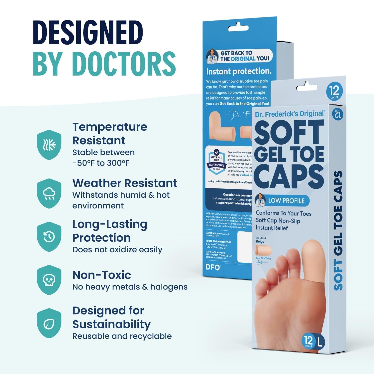 Dr. Frederick\'s Original Dr. Frederick\'s Original Gel Toe Protectors for Men & Women - 12 ct - Toe Caps for Foot Pain Relief - Flexible Cushions for Ingrown Toenails, Corns, Calluses, Blisters, and Comfort -Beige - Large