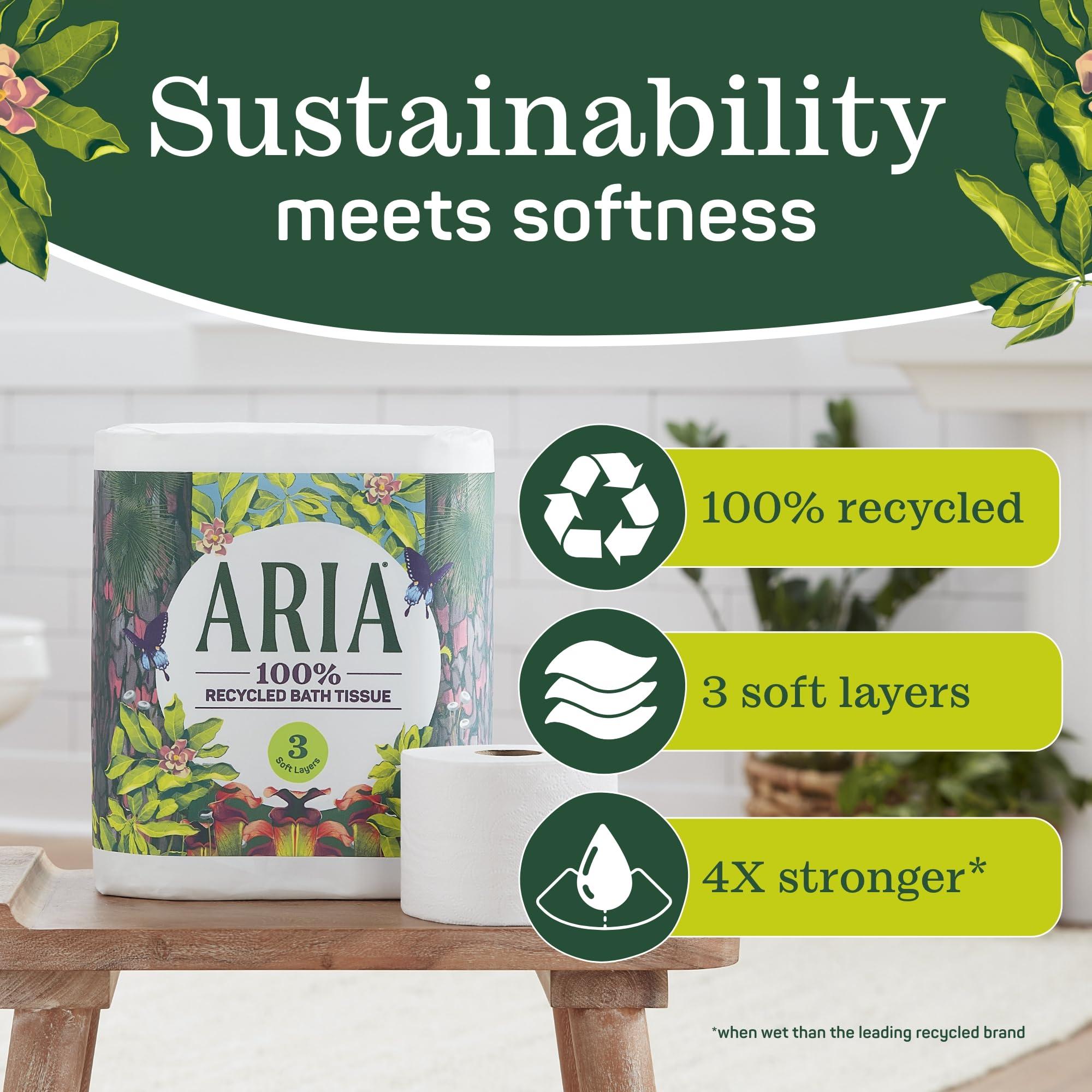 Aria Aria 100% Recycled Toilet Paper, 4 Packs of 6 Rolls, 3 Soft Layers of Bath Tissue with Recyclable Paper Packaging