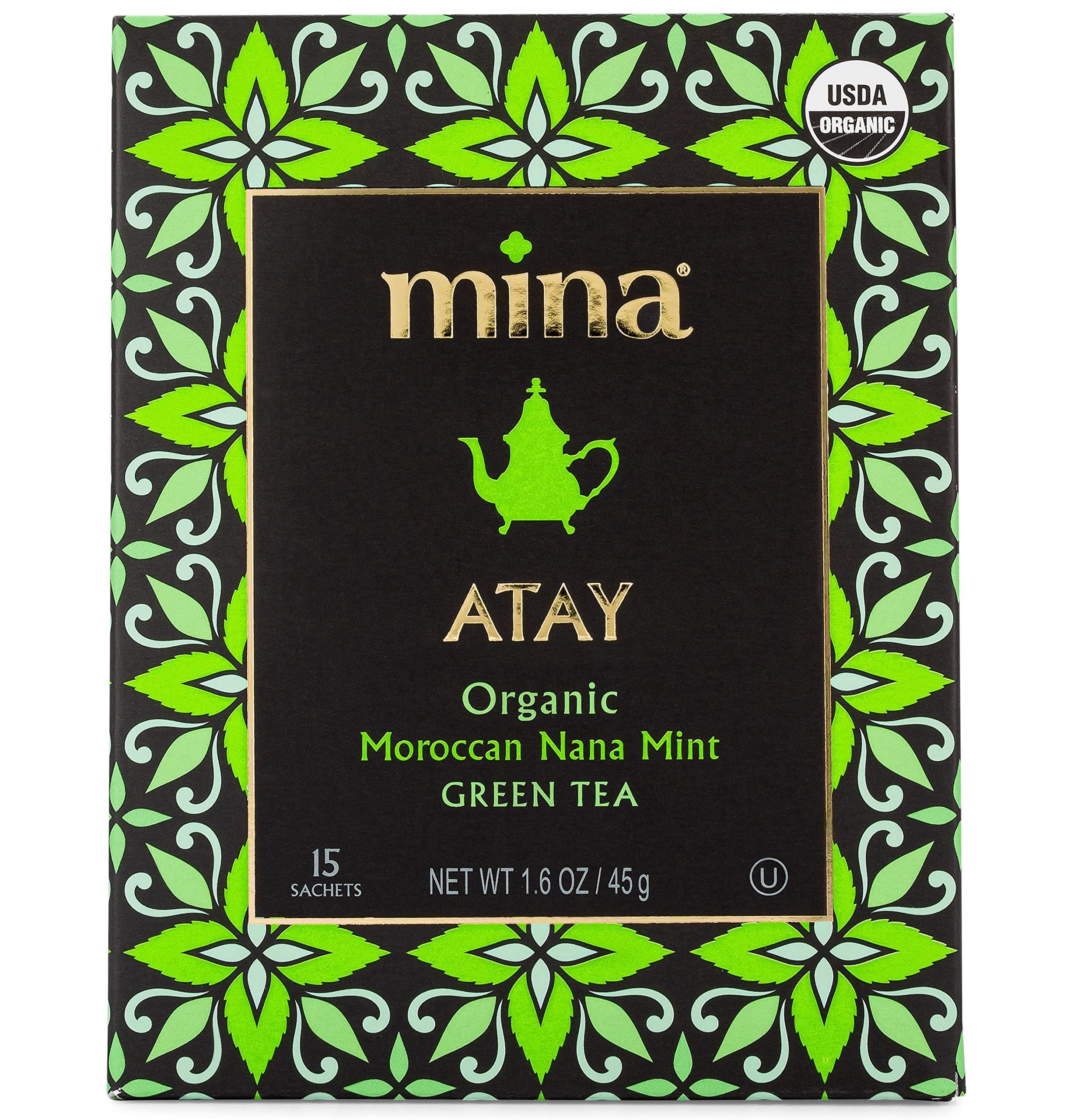 Mina Mina Atay Organic Moroccan Nana Mint Green Tea, 15 Biodegradable Sachets (Pack of 6) - Refreshing Moroccan Mint Tea Bags, Green Tea, Moroccan Mint Green Tea Bags, Low in Caffeine