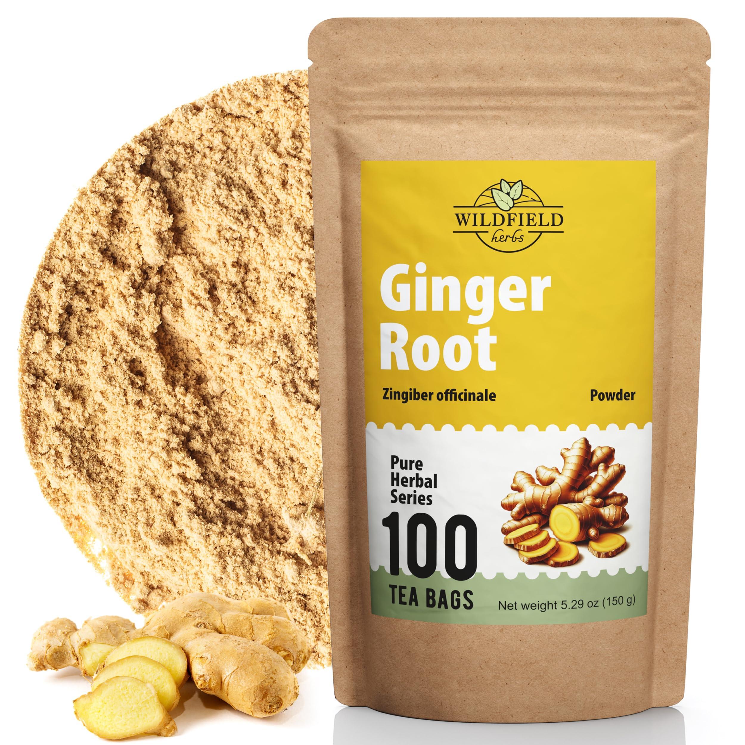 WILDFIELD HERBS 100 Ginger Tea Bags Ginger Root Tea Dry Dried Herb (Zingiber officinale) - 100 Count 1.5g Tea Bags Ginger Raz de jengibre