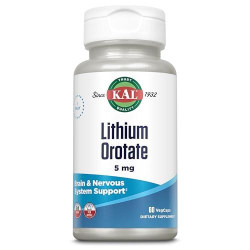 KAL KAL Lithium Orotate 5mg | Low Serving of Chelated Lithium Orotate for Bioavailability & Mood Support | in Organic Rice Bran Extract Base | 60 VegCaps