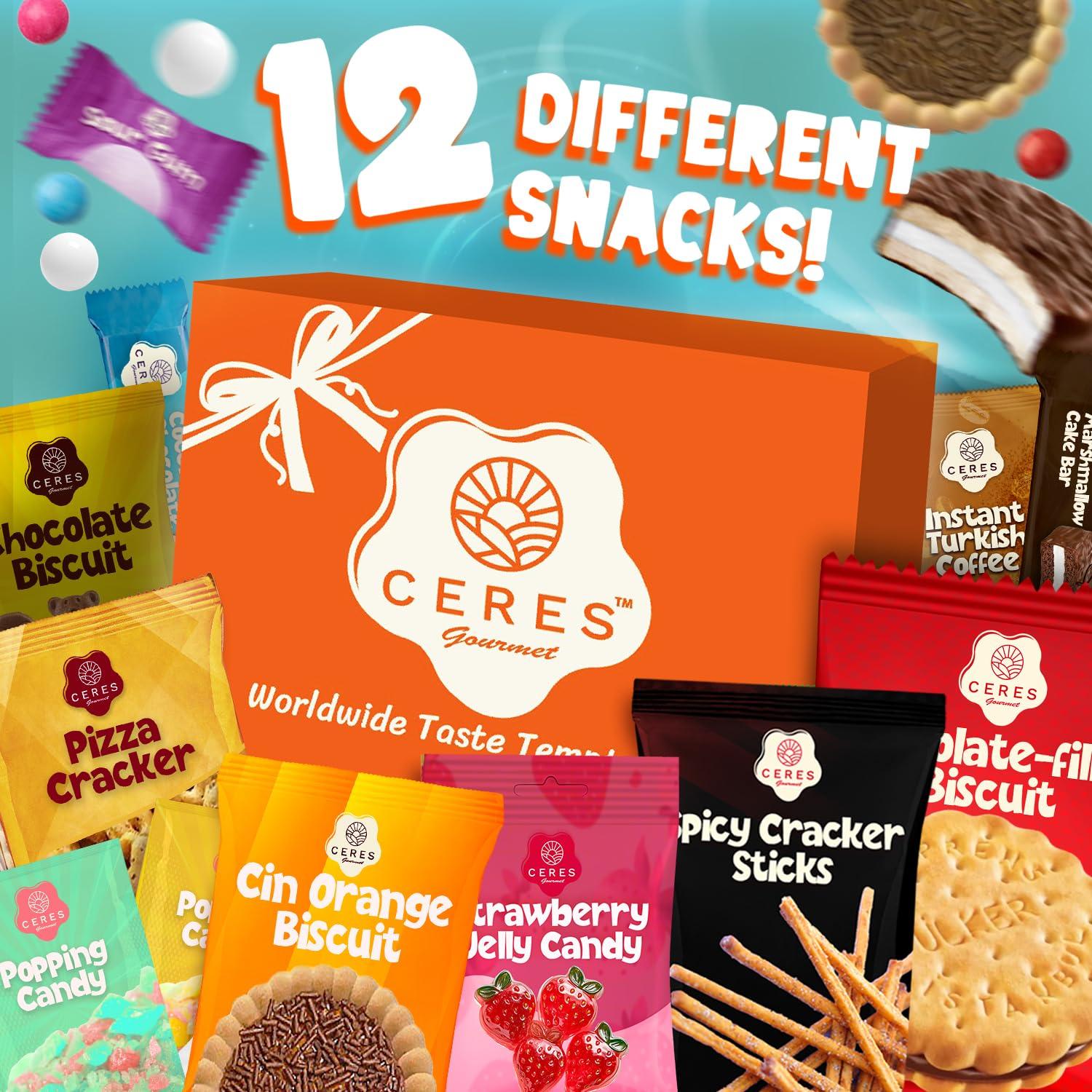 Ceres Gourmet International Snack Box Variety Pack, 12 Different Snacks with 15+ Pieces Count Premium Foreign Rare Snacks and Candies, Sweet & Sour Candy Pack for Christmas Thanksgiving or More