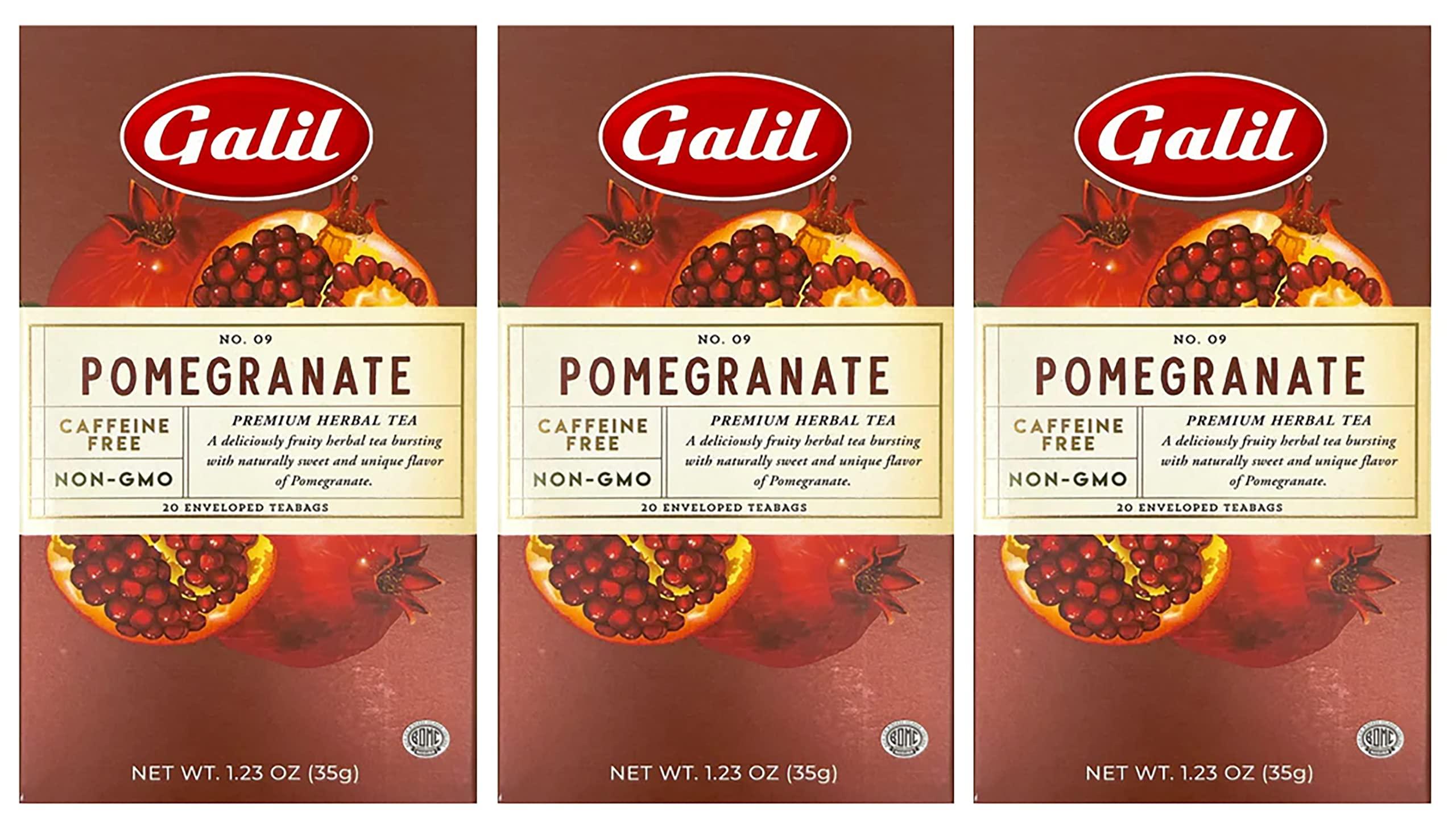 Galil Galil Pomegranate Tea Pack of 3 – Caffeine-Free Herbal Tea, Certified Kosher Tea – Non-GMO Fruit Teabags 20 Count, 60 Tea Sachets Total (Pack of 3)