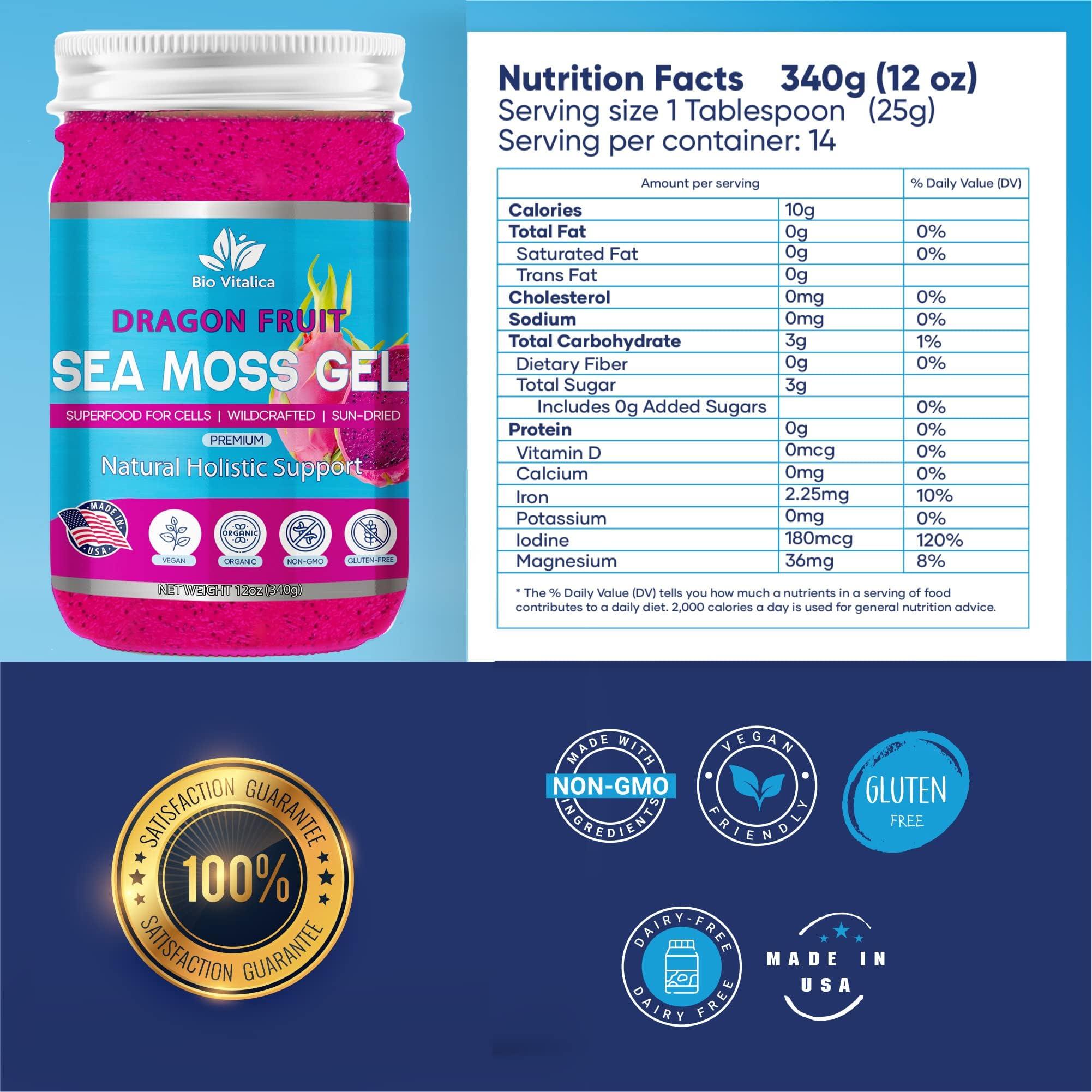 BIO VITALICA Sea Moss Gel by BioVitalica - Irish sea Moss raw Organic - Premium Quality - Dr Sebi, Vegan superfood for Cells - 100% Natural seamoss Gel (Dragon Flavor, 1 Pack)