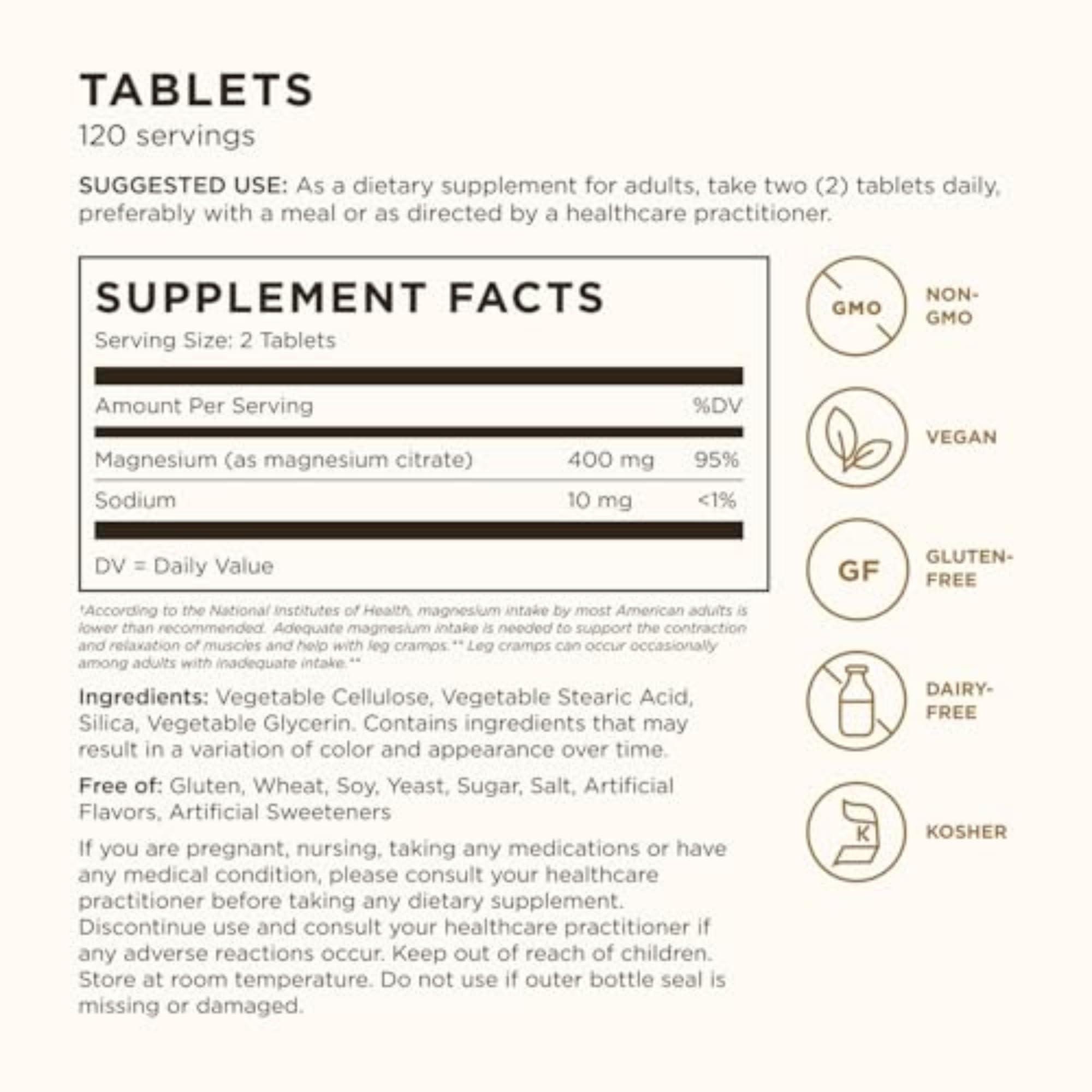 Solgar Solgar Magnesium Citrate, 120 Tablets - Promotes Healthy Bones - Supports Nerve & Muscle Function - Non GMO, Vegan, Gluten Free, Dairy Free, Kosher - 60 Servings