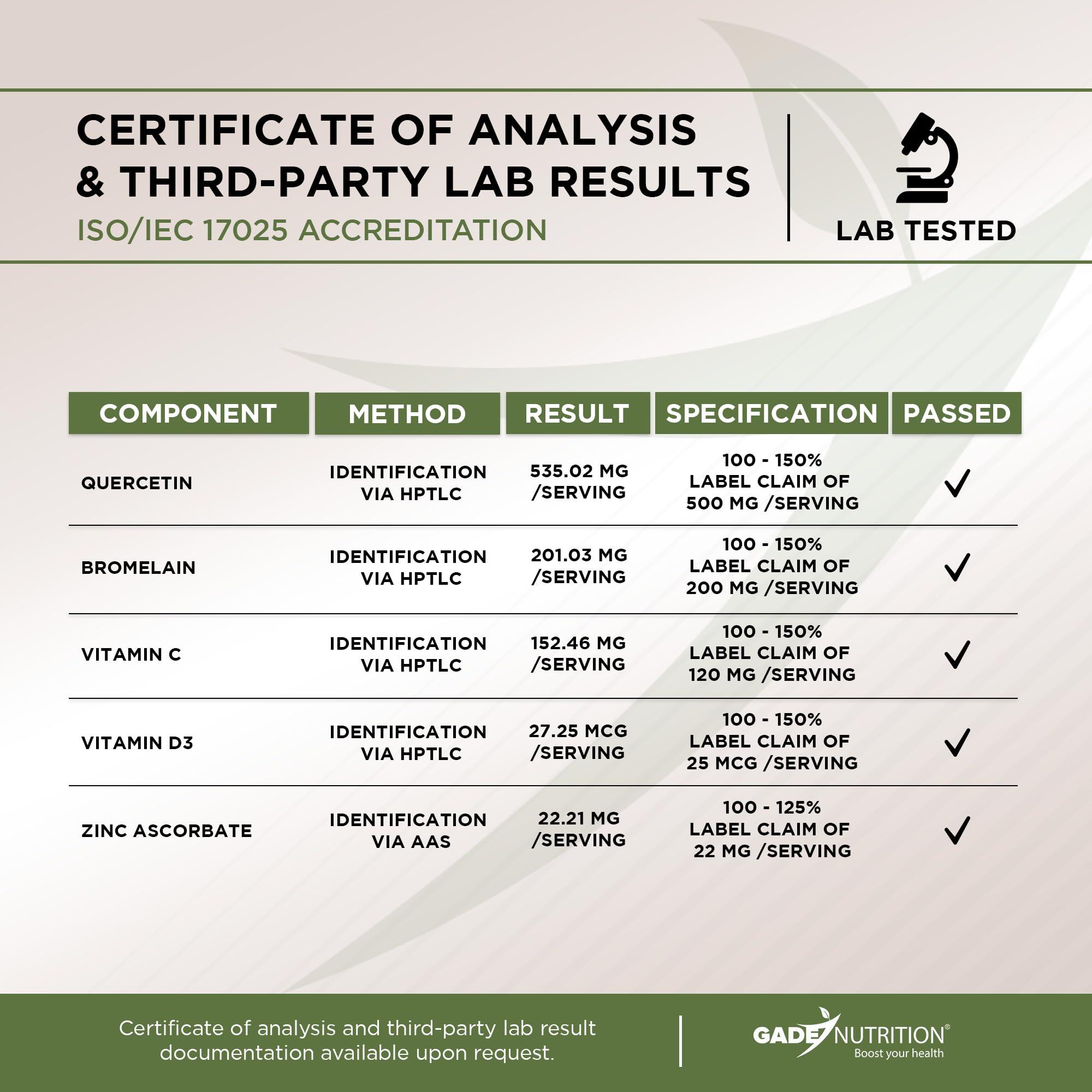 GADE NUTRITION BOOST YOUR HEALTH Quercetin with Vitamin C and Zinc - Quercetin 500mg - Quercetin with Bromelain - Zinc Quercetin - 240 Veggie Caps. Quercetin Supplements + Vitamin D3 (Non-GMO, Gluten-Free, Vegan) - 4 Month Supply