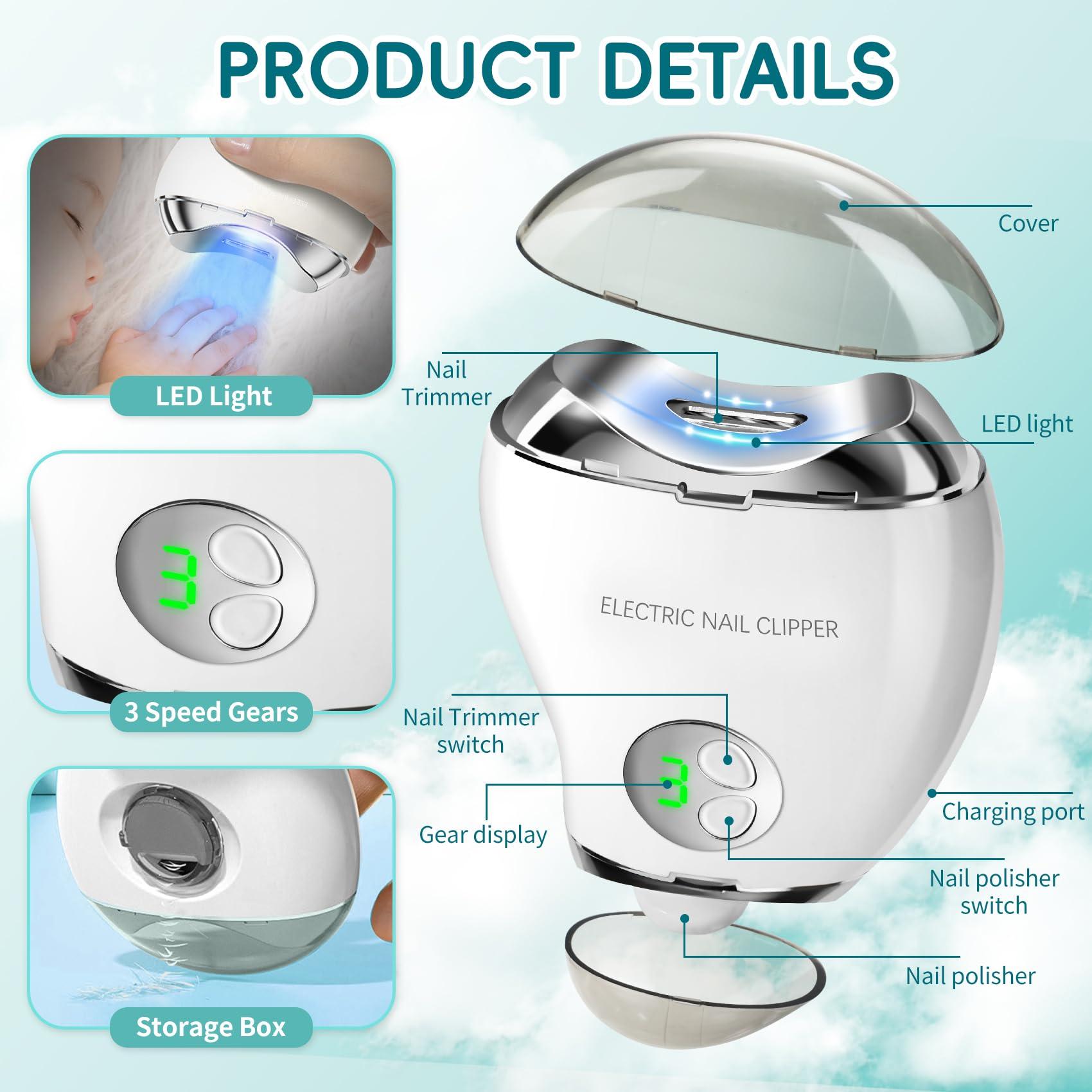 Loqumloi Automatic Electric Nail Clipper with LED Light & Nail File, 3 Speeds LCD Digital Display, Nail Clip Storage, USB Rechargeable Safety Fingernail Trimmer for Baby, Kids, Seniors, Caregivers (White)