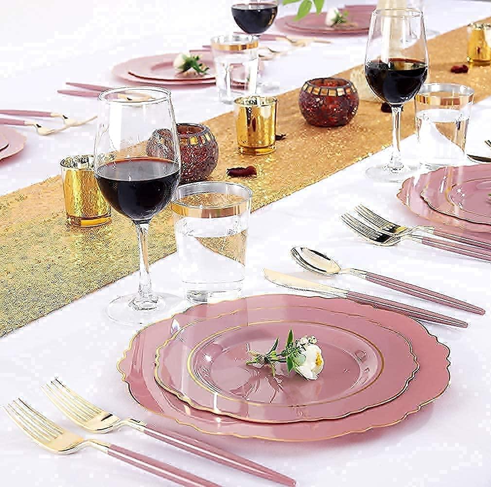 Nervure Nervure 100PCS Blue Plastic Plates With Gold Rim&Gold Disposable Silverware with Blue Handle Purple Plastic Plates 100 Packed&Gold Plastic Silverware with Purple Handle