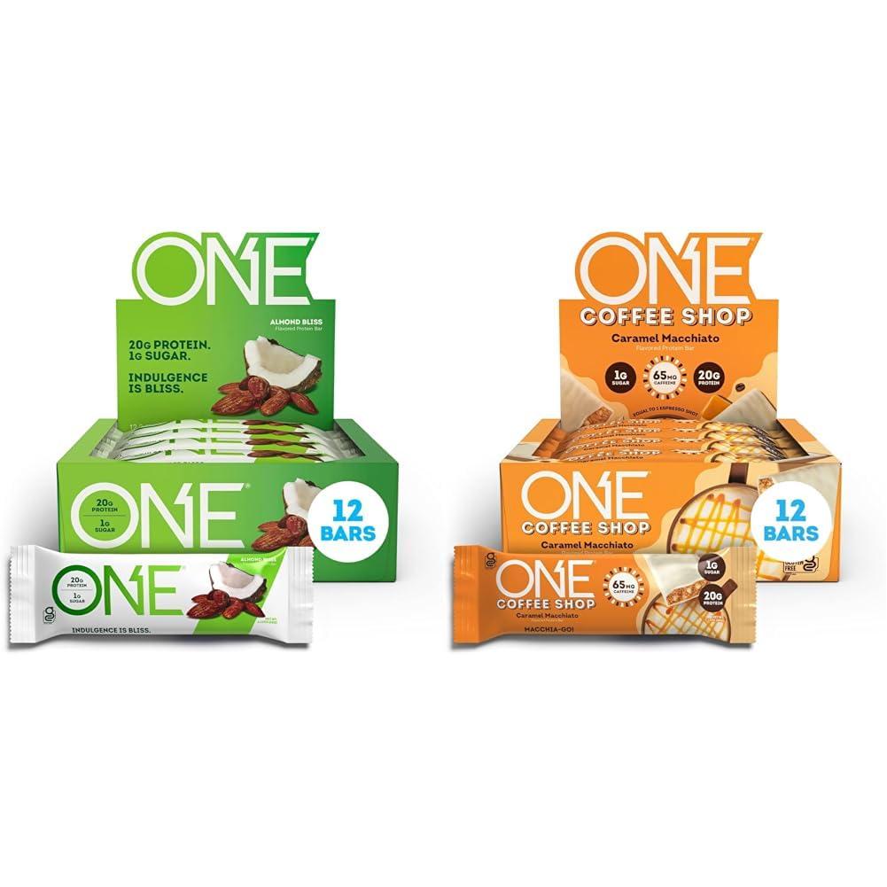 ONE ONE Protein Bars, Almond Bliss & Caramel Macchiato, Gluten Free with 20g Protein, 12 Count