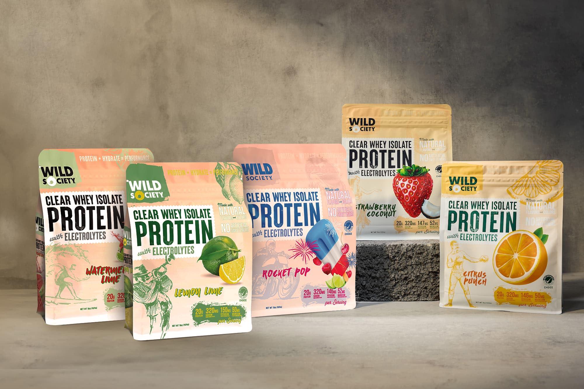 WILD SOCIETY WILD SOCIETY - Premium Clear Whey Protein + Electrolytes - Refreshing Whey Protein Isolate Powder - 20g Protein, 0 Added Sugar, GMO-Free, Natural Flavors & Colors - Strawberry Coconut, 16 oz