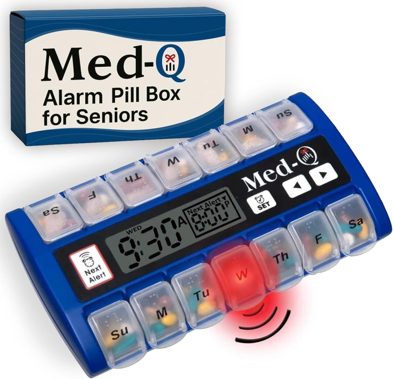 Med-Q Amazin Pill Dispenser with Beeping Reminder, Flashing Guides and Liberty Cloth