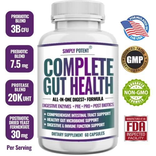 Simply Potent Complete Gut Health, Digestive Enzymes Plus Prebiotic, Probiotic & Post Biotic Gastrointestinal Support, Supports Gut Health & Immune Function, 60 Capsules