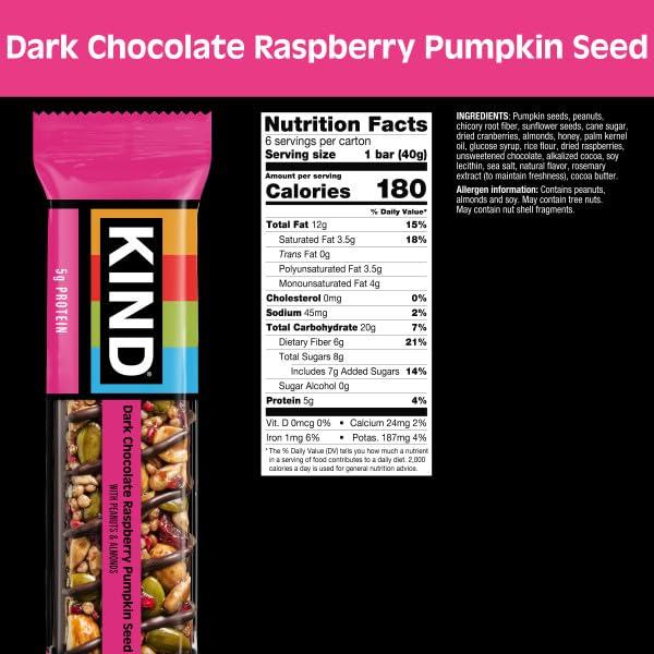 KIND KIND Seeds Fruit & Nuts Snack Bar, Dark Chocolate Raspberry Pumpkin Seed | 5g Protein, High Fiber, Gluten Free Bars, 1.4 OZ, 12 Count