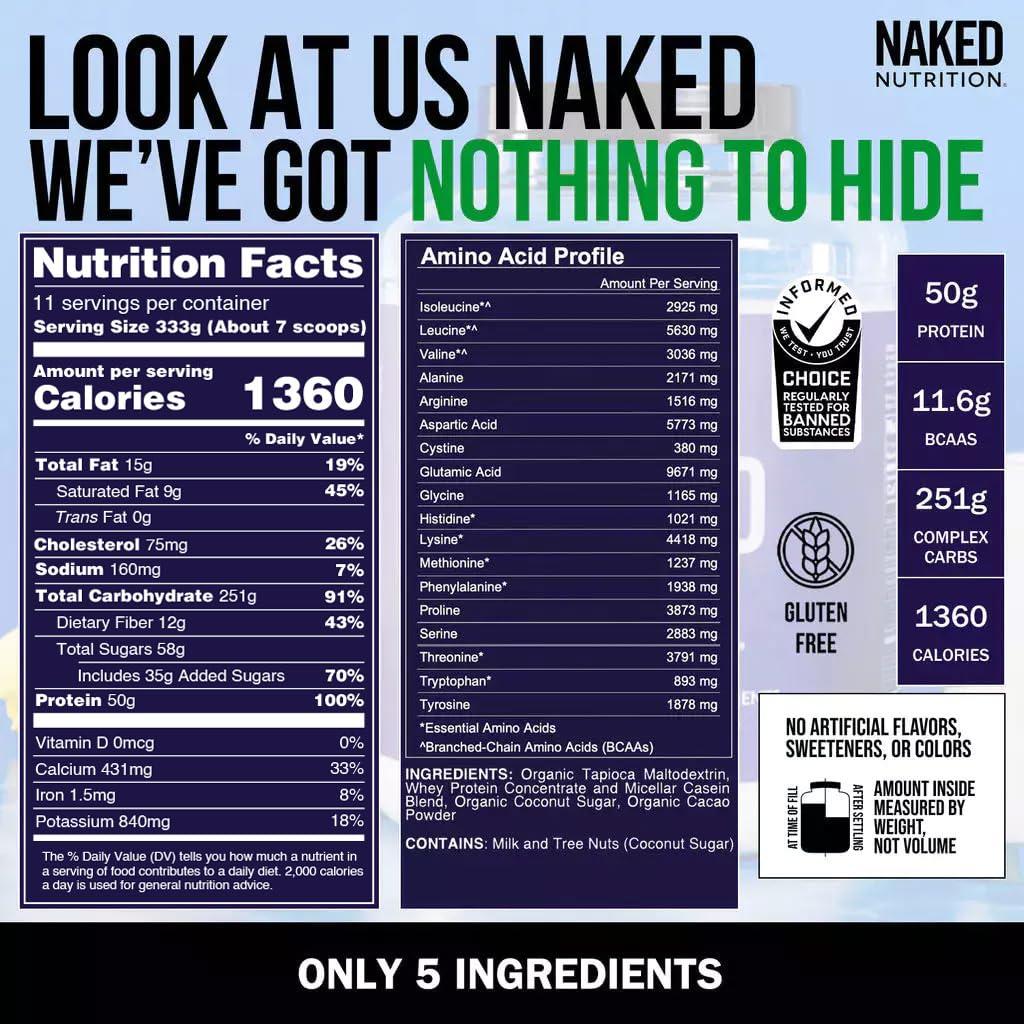 NAKED nutrition NAKED Chocolate Mass Gainer - All Natural Weight Gainer Protein Powder - 8lb Bulk, GMO Free, Gluten Free & Soy Free. No Artificial Ingredients - 1,360 Calories