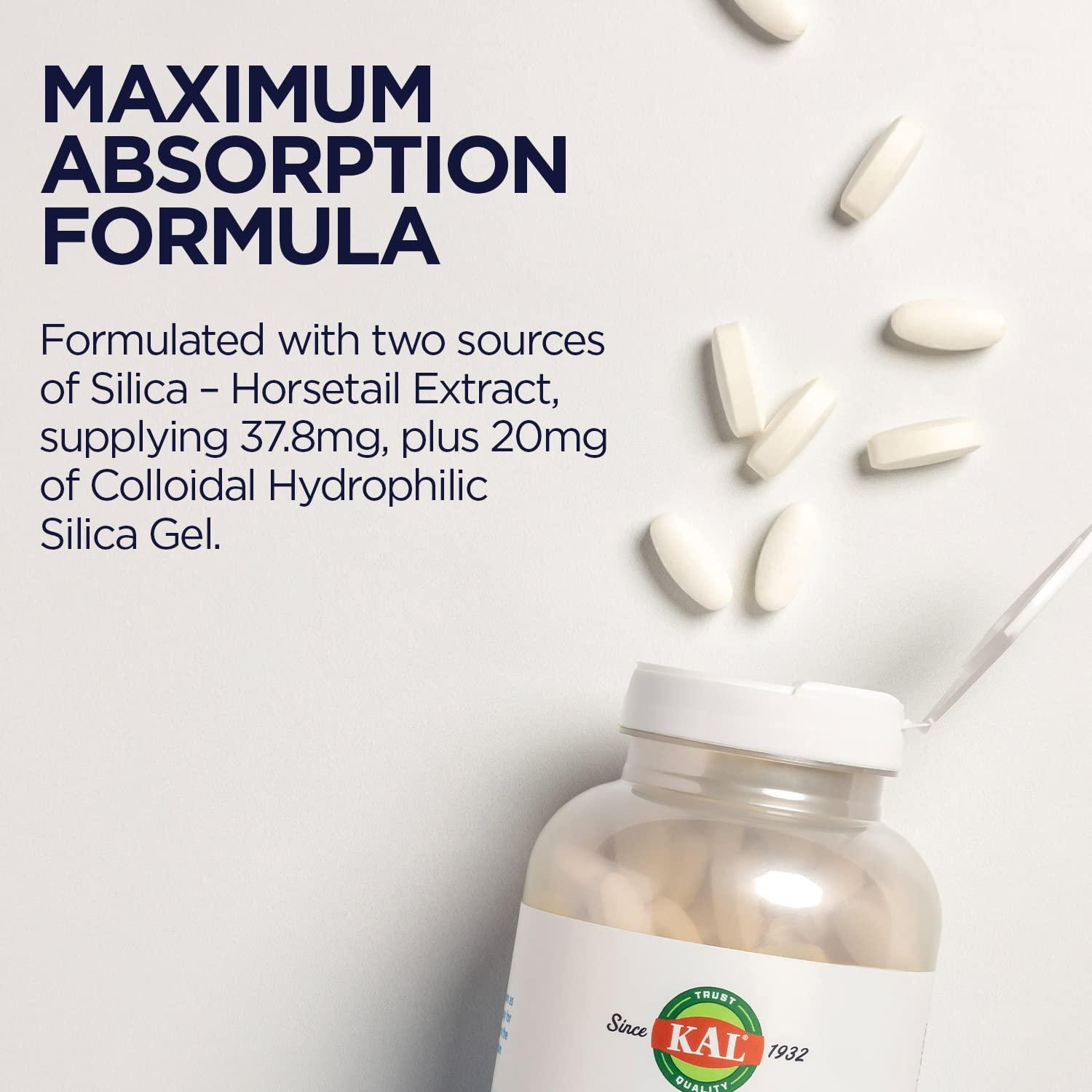 KAL KAL Silica Plus, Silica Gel with Horsetail Extract, Healthy Hair, Skin & Nails Support, Maximum Absorption, Vibrant Hair, Glowing Skin Supplement, Vegan, Gluten Free, 90 Serv, 90 Quick Dissolve Tabs