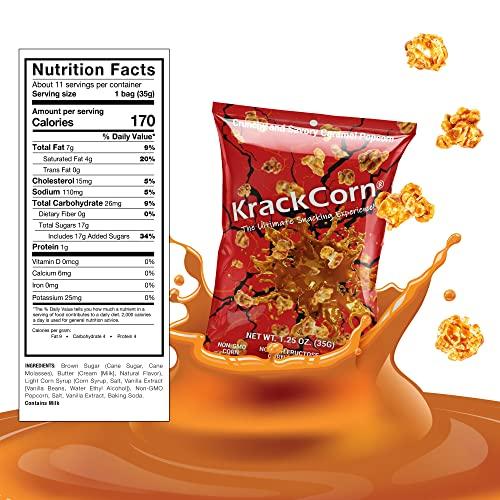 KrackCorn KrackCorn Caramel Popcorn. Award Winning Small Batch Caramel Corn Popcorn Unlike Anything You Have Tried Before! Caramel Flavored Popcorn for Movie Night or Game Night. Tasty Sweet and Salty Popcorn. Non GMO. Gluten Free Snacks. 1.25oz (Pack of 12)