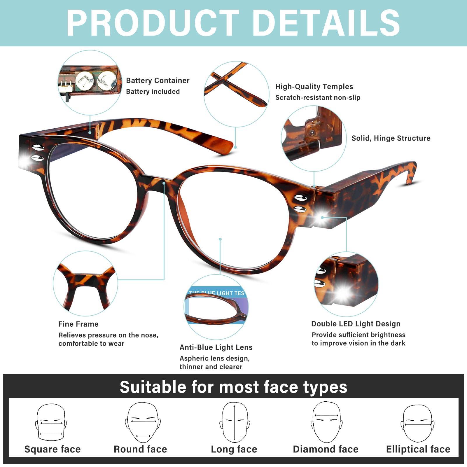 DuanMei 2 Pack Magnifying Glasses with Light Reading Glasses with Lights Bright LED Readers Lighted Reading Glasses Blue Light Blocking Glasses Magnifier Nighttime Reader for Women Men Lighted Eyeglasses+200