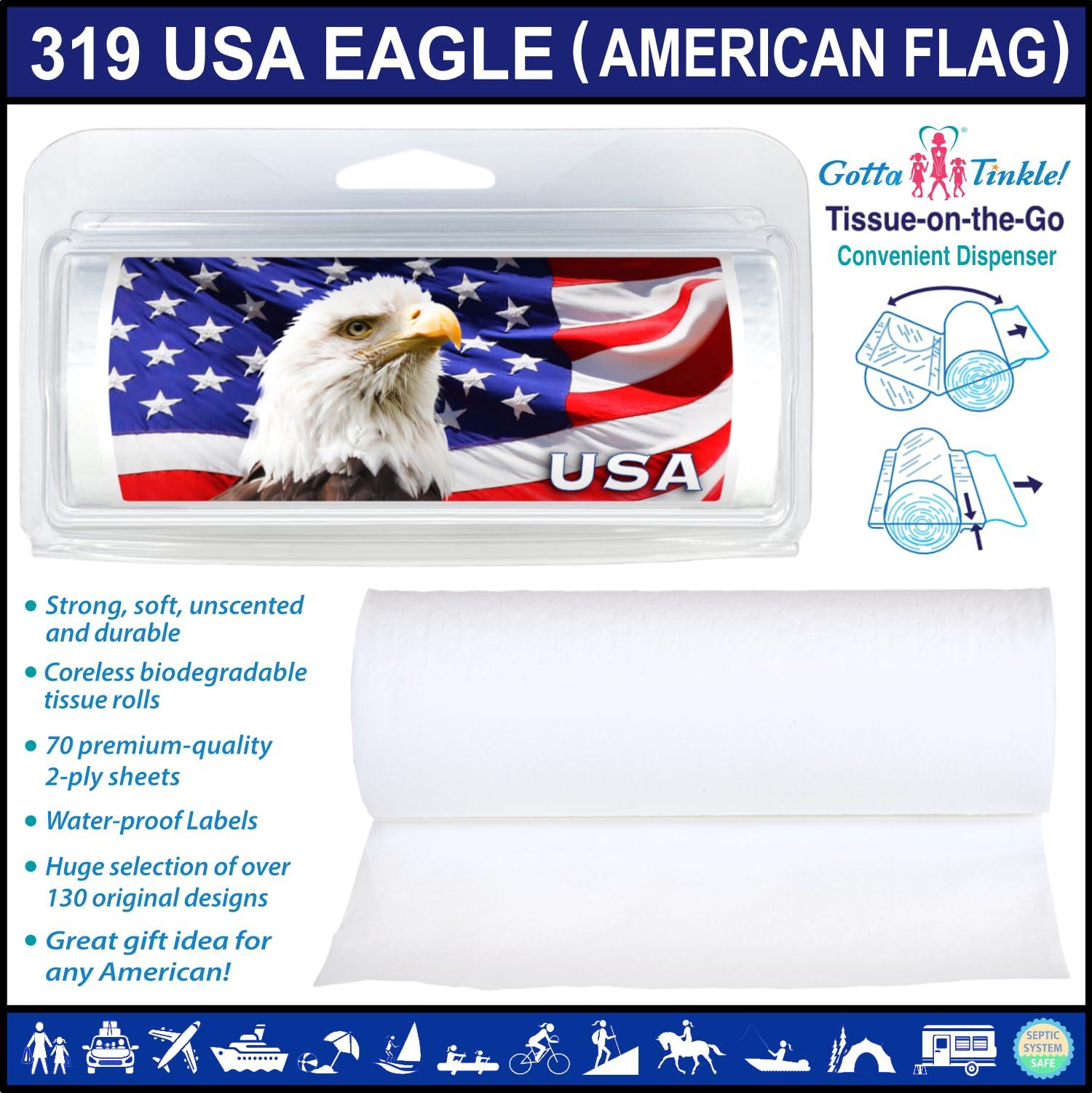 Gotta Tinkle! Packable Toilet Paper Rolls | Travel-Size Protective Dispensers | Coreless & Biodegradable | Hunting, Camo & Military (3-Pack) (319 Eagle with American Flag)