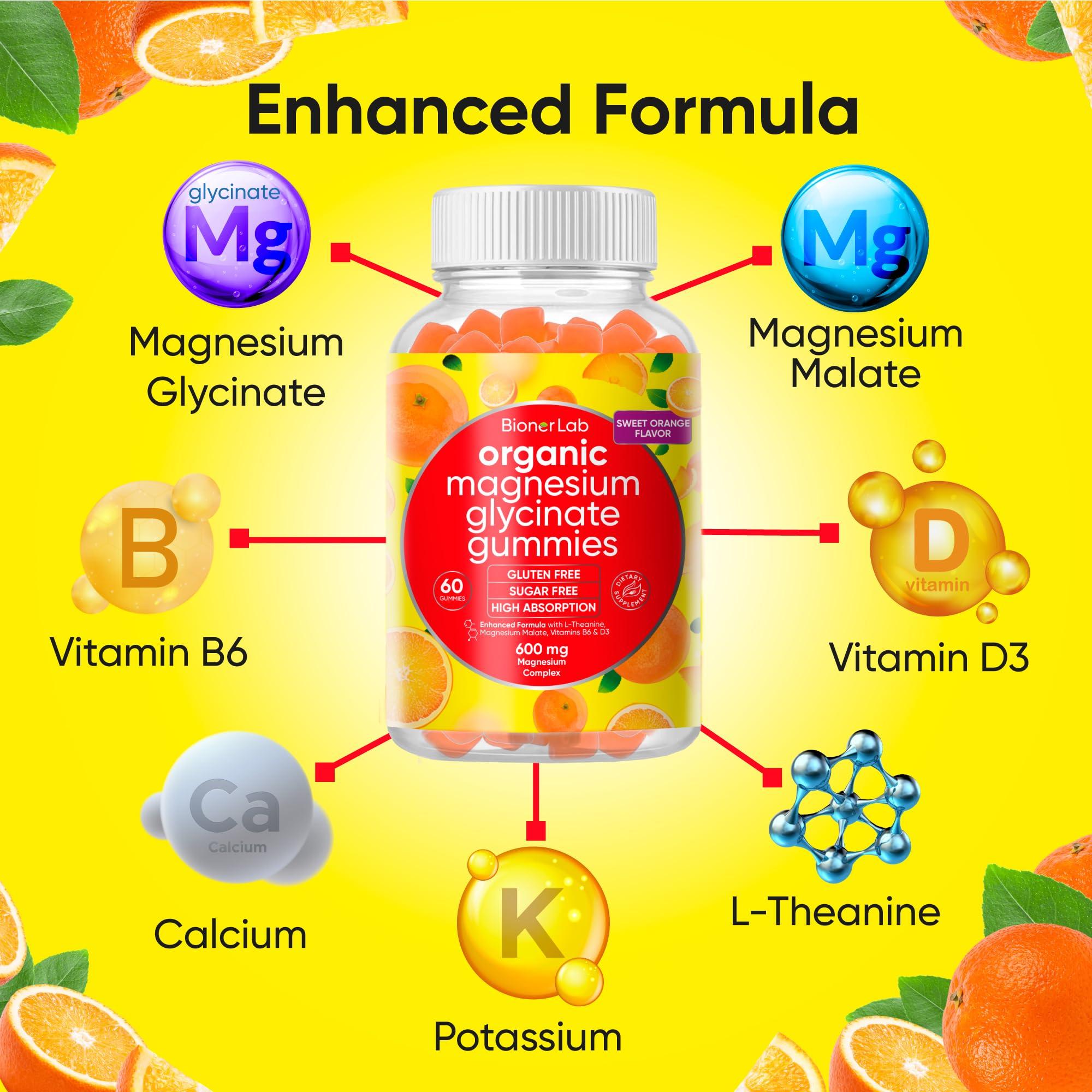 BionerLab BionerLab Magnesium Glycinate Chewable Gummies (600mg) for Kids & Adults Women Men - Vegan Complex with Calcium Potassium Vitamin D B6 L-Theanine - Sugar & Gluten Free - Orange Flavor