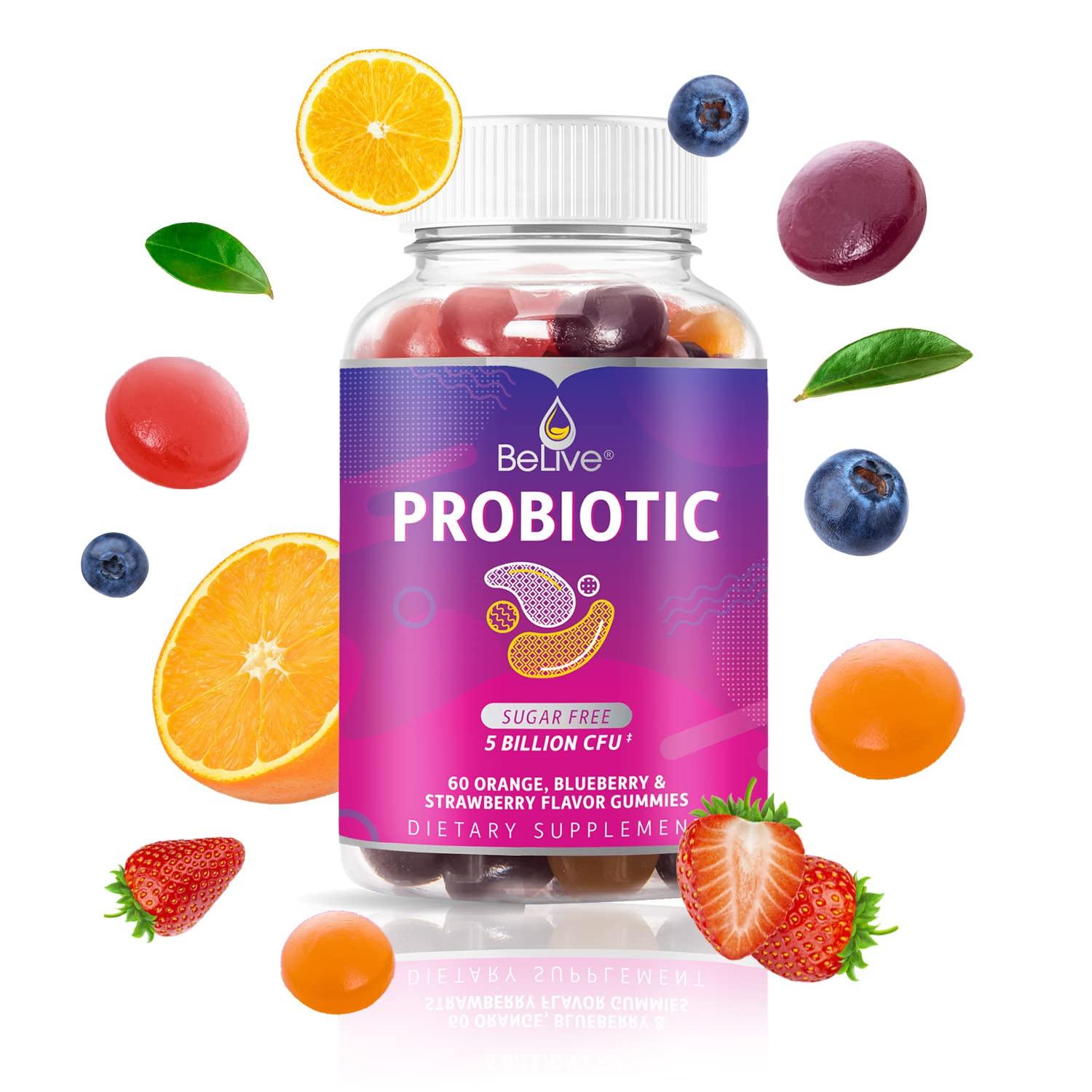 BeLive BeLive Probiotic Gummies - Probiotics with 5 Billion CFUs for Digestive Health, Men, Women & Kids - for Immune Support, Sugar Free & Vegan | 60 Ct – Blueberry, Strawberry & Orange