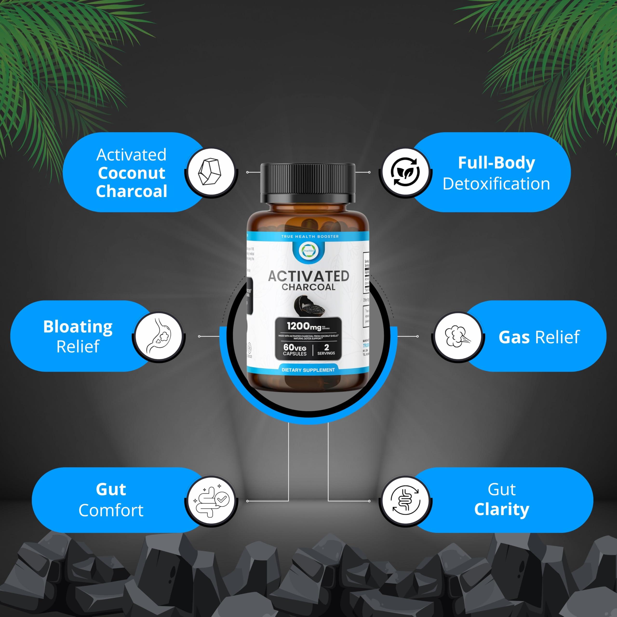 TRUEMED TRUEMED Activated Charcoal Organic Coconut Shell Derived Charcoal Capsule,1200mg, 60 Capsules, Support Detox & Digestive Health, Activated Charcoal Capsules for Health-Conscious Individuals