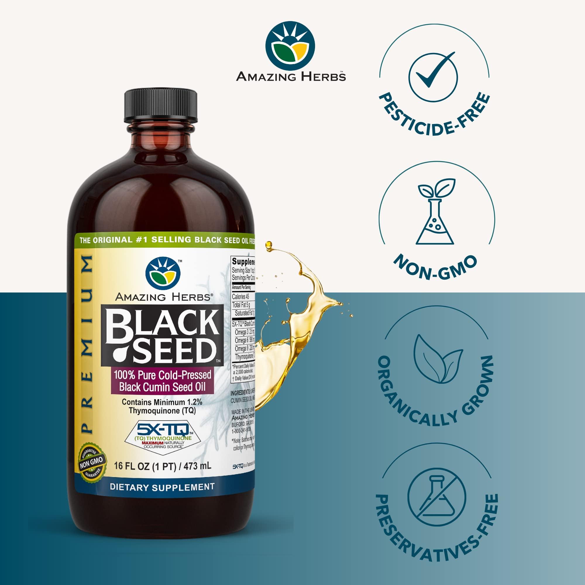 Amazing Herbs Amazing Herbs Premium Black Seed Oil - Cold Pressed Nigella Sativa Aids in Digestive Health, Immune Support, Brain Function, Joint Mobility, Gluten Free, Non GMO - 16 Fl Oz