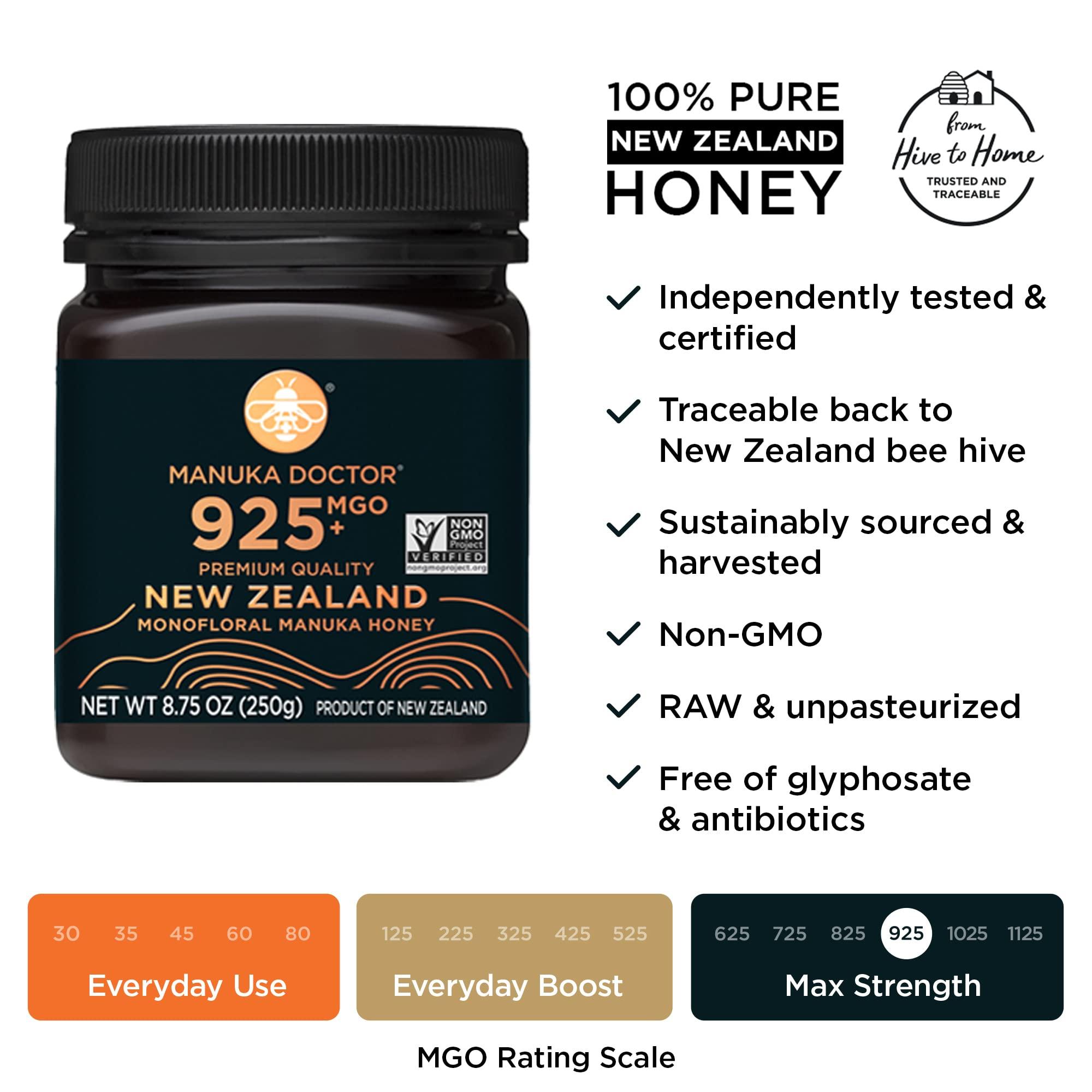 Manuka Doctor MANUKA DOCTOR - MGO 925+ and MGO 525+ Manuka Honey Monofloral Value Bundle, 100% Pure New Zealand Honey. Certified. Guaranteed. RAW. Non-GMO, 2 x 8.75oz Pots