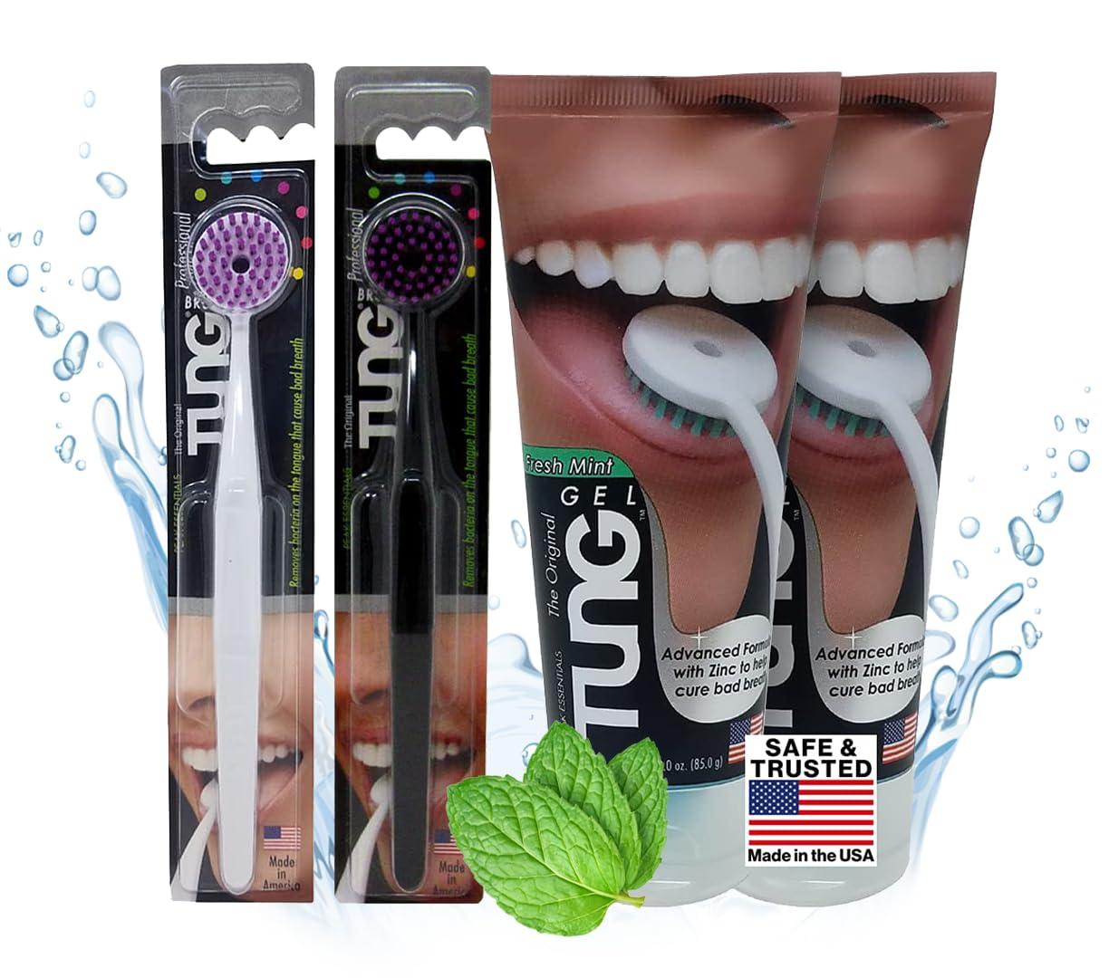 Peak Essentials The Original TUNG Brush Tung Tongue Brush & Gel Kit | Tongue Cleaner for Adults | Tongue Scraper to Fight Bad Breath and Halitosis | Mouth Odor Eliminator | Fresh Mint | Made in America (Set of 2)