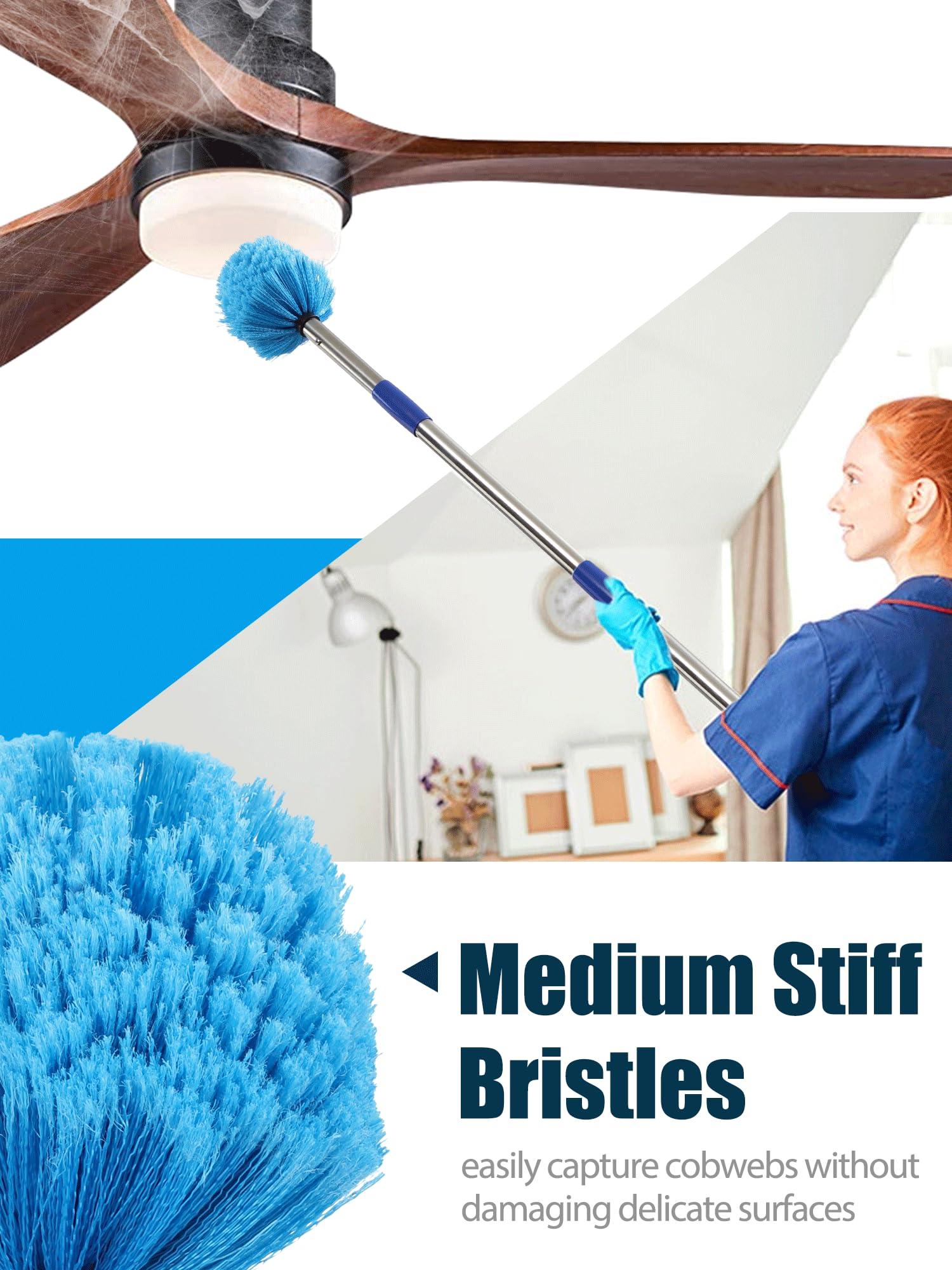YOHSUGO Cobweb Duster with Extension Pole, Outdoor Spider Web Brush with 6 ft Long Handle, Metal Cob Web Remover for High Ceilings Fans Indoor Cleaning, Medium-Stiff Bristles Dust Brush, Lightweight Cleaner