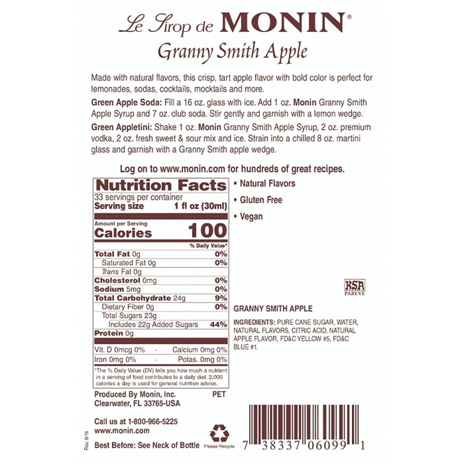 Monin Monin - Granny Smith Apple Syrup, Great for Cocktails and Lemonades, Gluten-Free, Non-GMO (1 Liter)