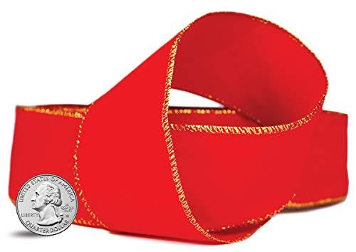 OLYPHAN Red Velvet Ribbon Velvet Christmas Ribbon Red Wired 50 Yards/2.5 (2 1/2) Inch Wide w. Gold Trim Wire-Edge: Valentine, Xmas Gift Wrap, Christmas Tree Bows / Outdoor/ Wire Ribbons for Crafts/Gifts