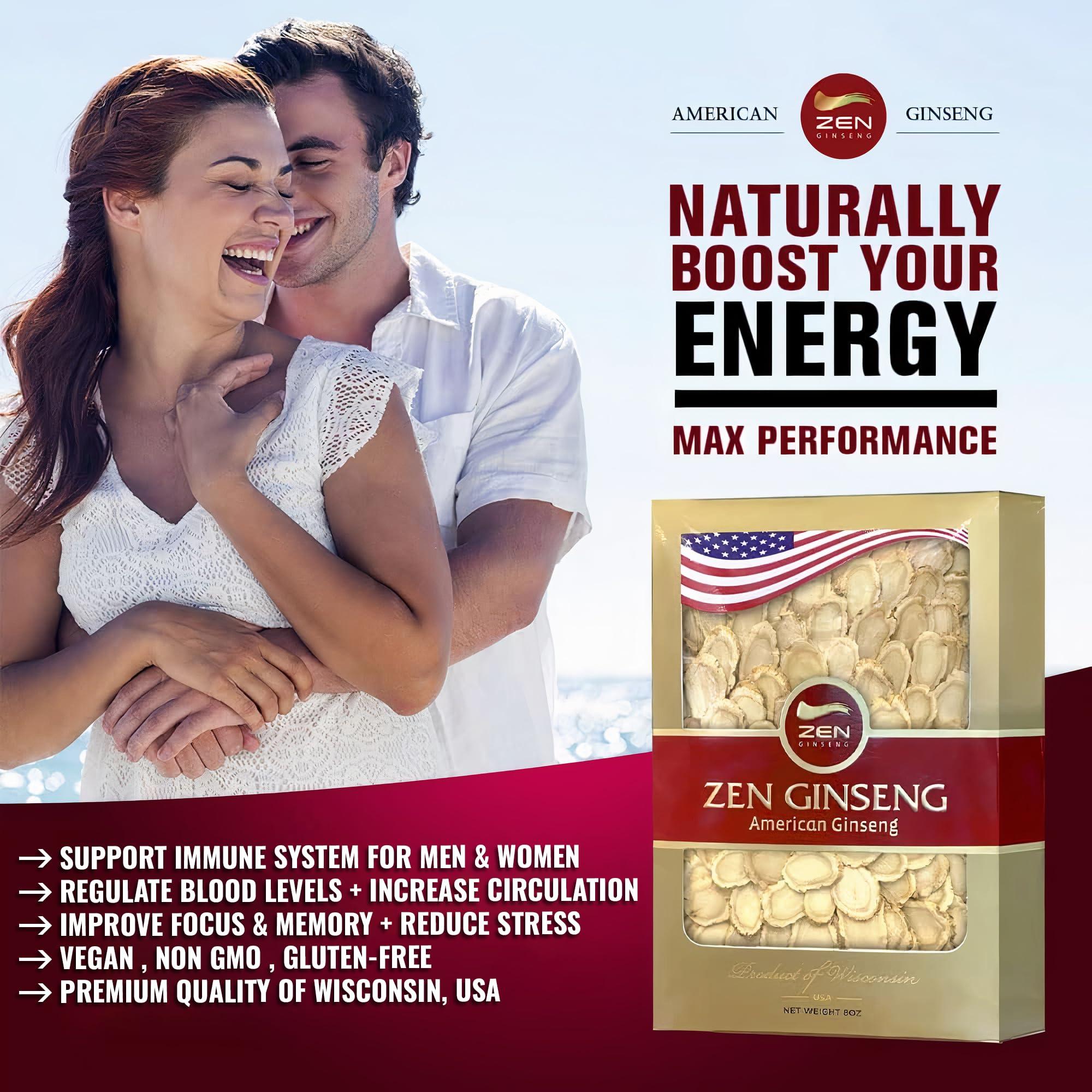 Zen Ginseng Zen American Wisconsin Ginseng Slices Improved Energy, Performance, & Mental Health for Men & Women (8oz. Box)