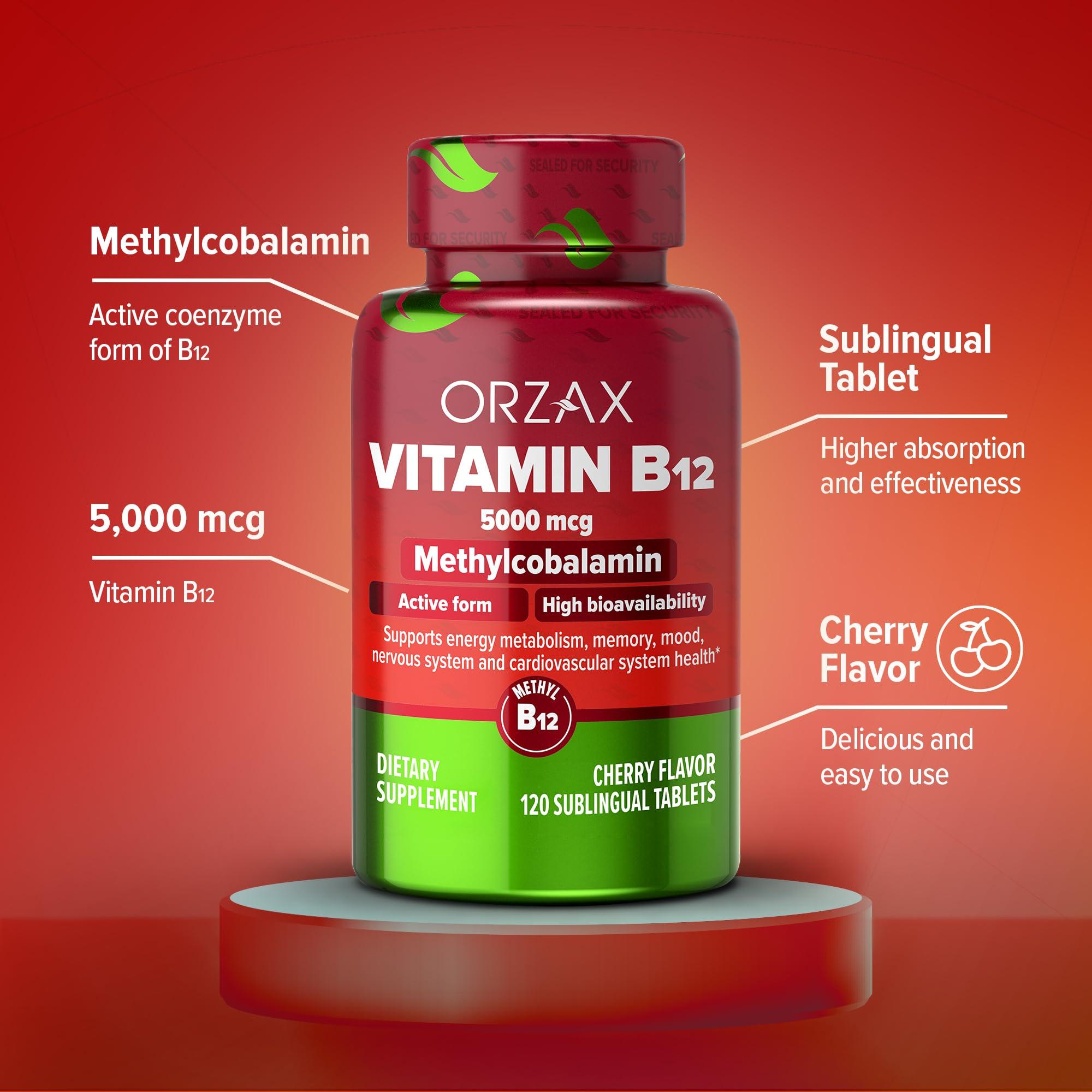ORZAX ORZAX Vitamin B12 5000 mcg Methylcobalamin for Memory, Mood, Cardiovascular and Energy Supplement - Cherry Flavored - 120 Sublingual Tablets