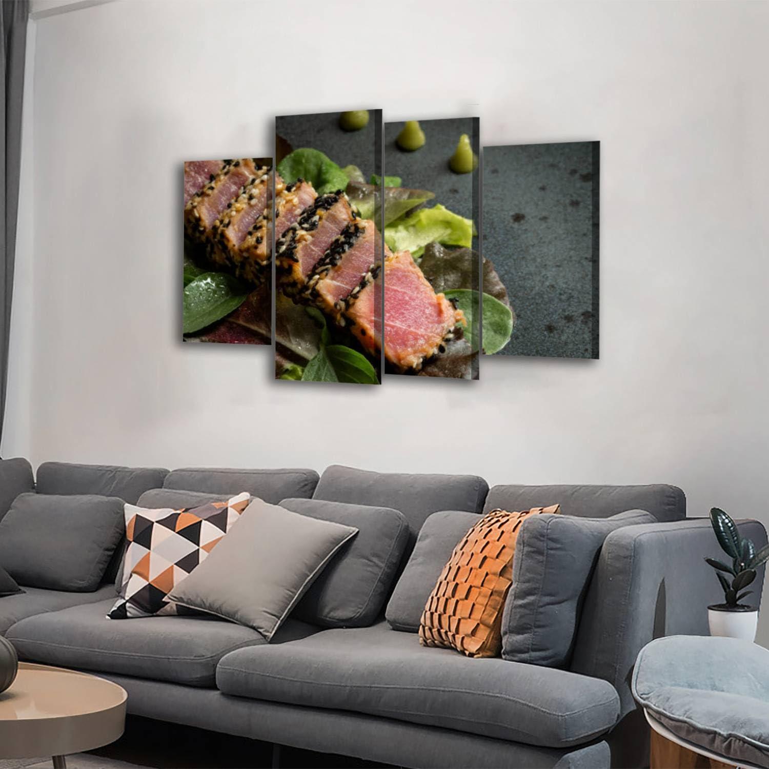 CXHSZHYZYQ CXHSZHYZYQ Canvas Wall Art Prints Pictures Grilled Sliced Tuna Steak Salad Sauce Framed Posters Modern Wall Painting Artwork Gift Home Decor for Living Room Ready to Hang 4 Panel