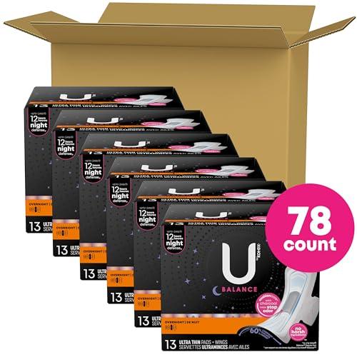 U by Kotex U by Kotex Balance Ultra Thin Overnight Pads with Wings, 78 Count (6 Packs of 13) (Packaging May Vary)
