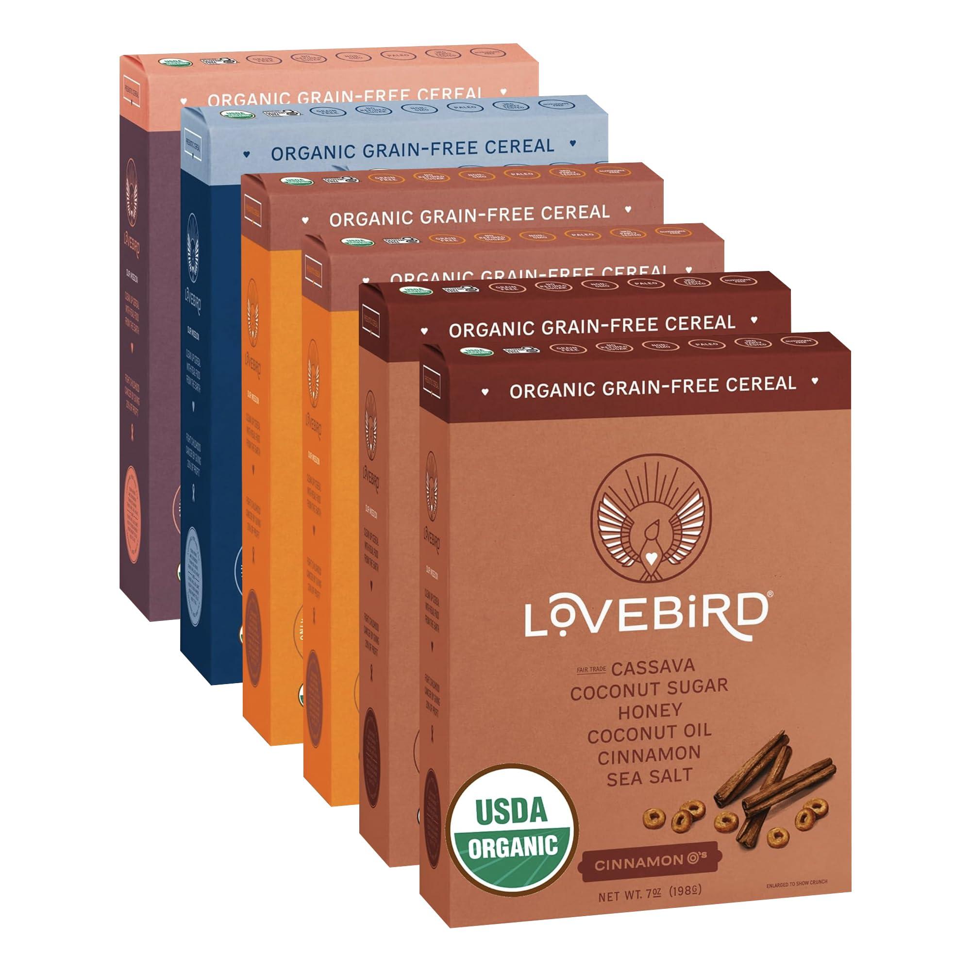 Lovebird Lovebird Gluten & Grain Free Cereal Variety 6 Pack - Organic AIP Food, Paleo Dairy Free, No Refined Sugar Breakfast Cereals | Healthy Snacks for Kids, Adults - Cacao, Honey, Cinnamon, Unsweetened